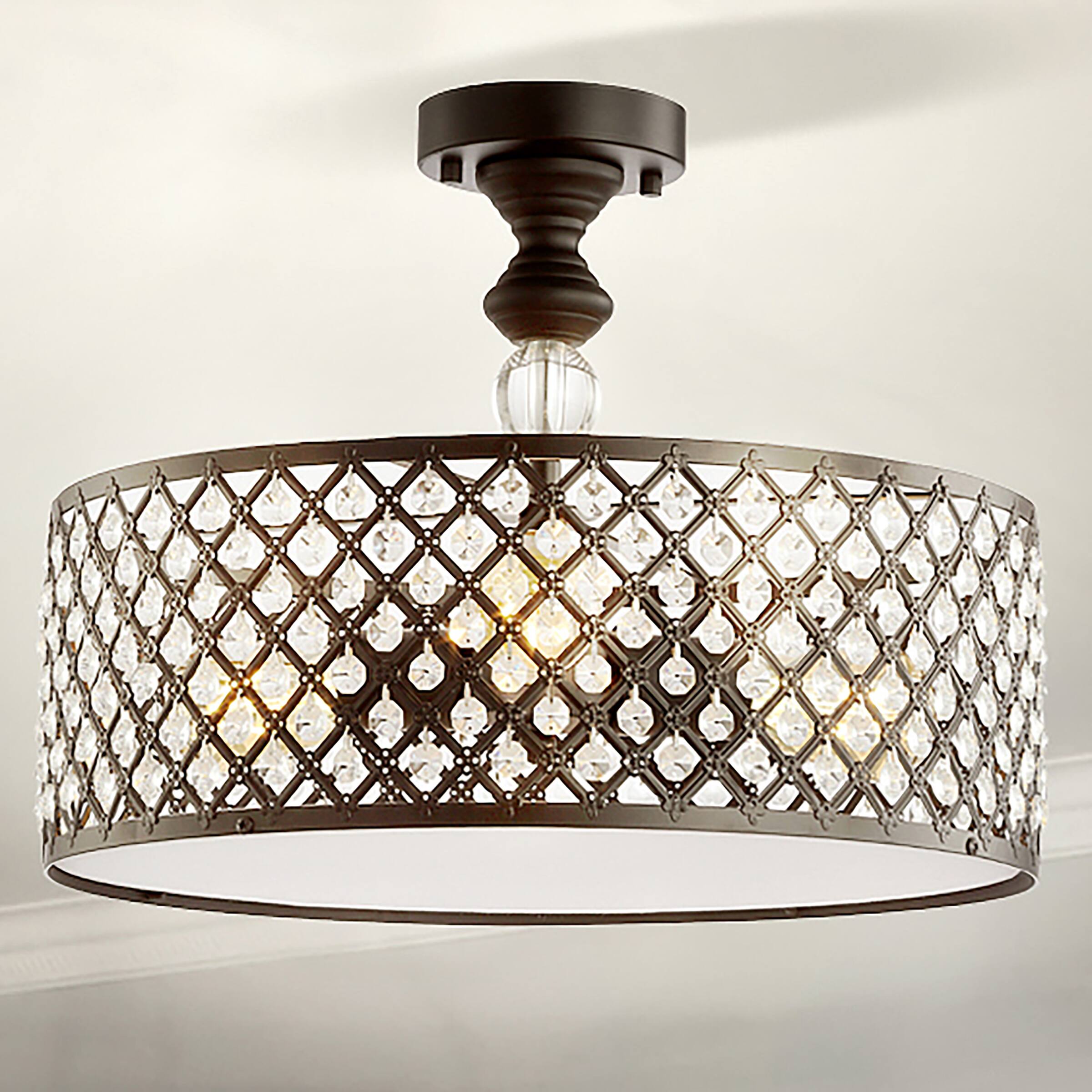Alt View 1. Jonathan Y - Elise 17" 3-Light Crystal/Metal Drum Semi-Flush Mount, Black - Black/Clear.