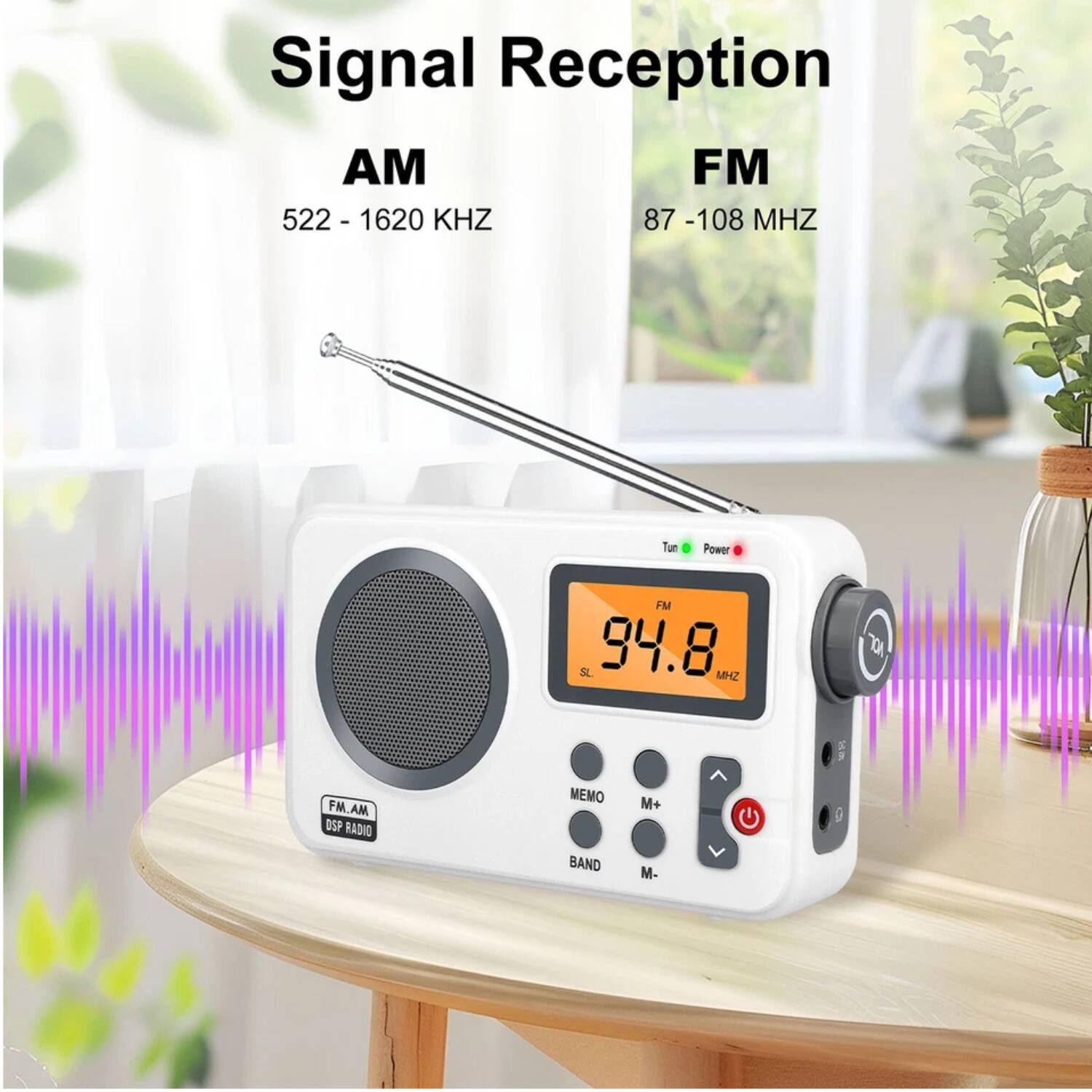 Signal Reception

AM  
522 - 1620 KHZ

FM  
87 - 108 MHZ

FM.AM DSP RADIO

94.8 MHZ

MEMO  
BAND  
M+  
M-