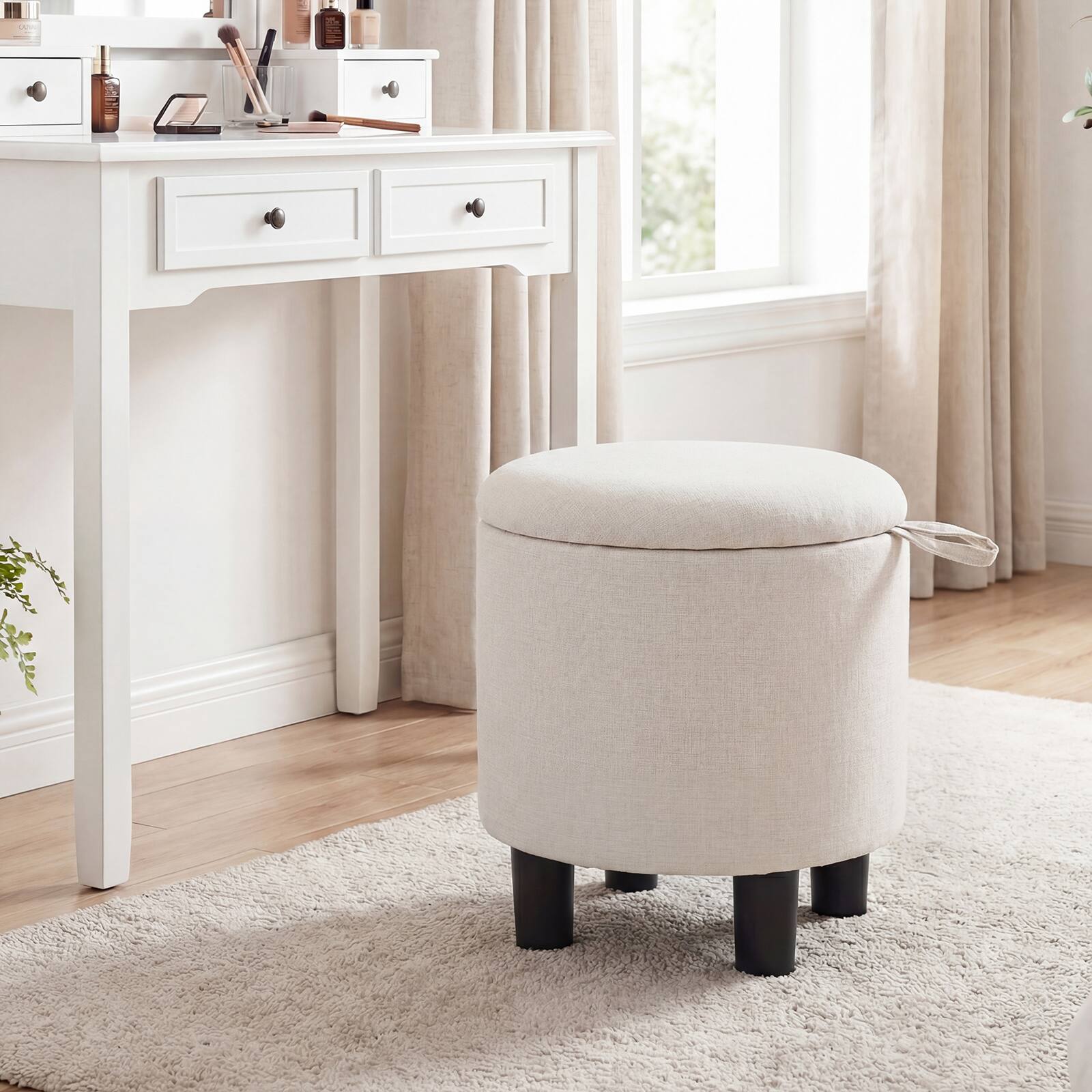 Alt View 4. Gymax - Gymax Round Storage Ottoman Linen Fabric Upholstered Footrest Stool w/ Removable Lid Beige - Beige.