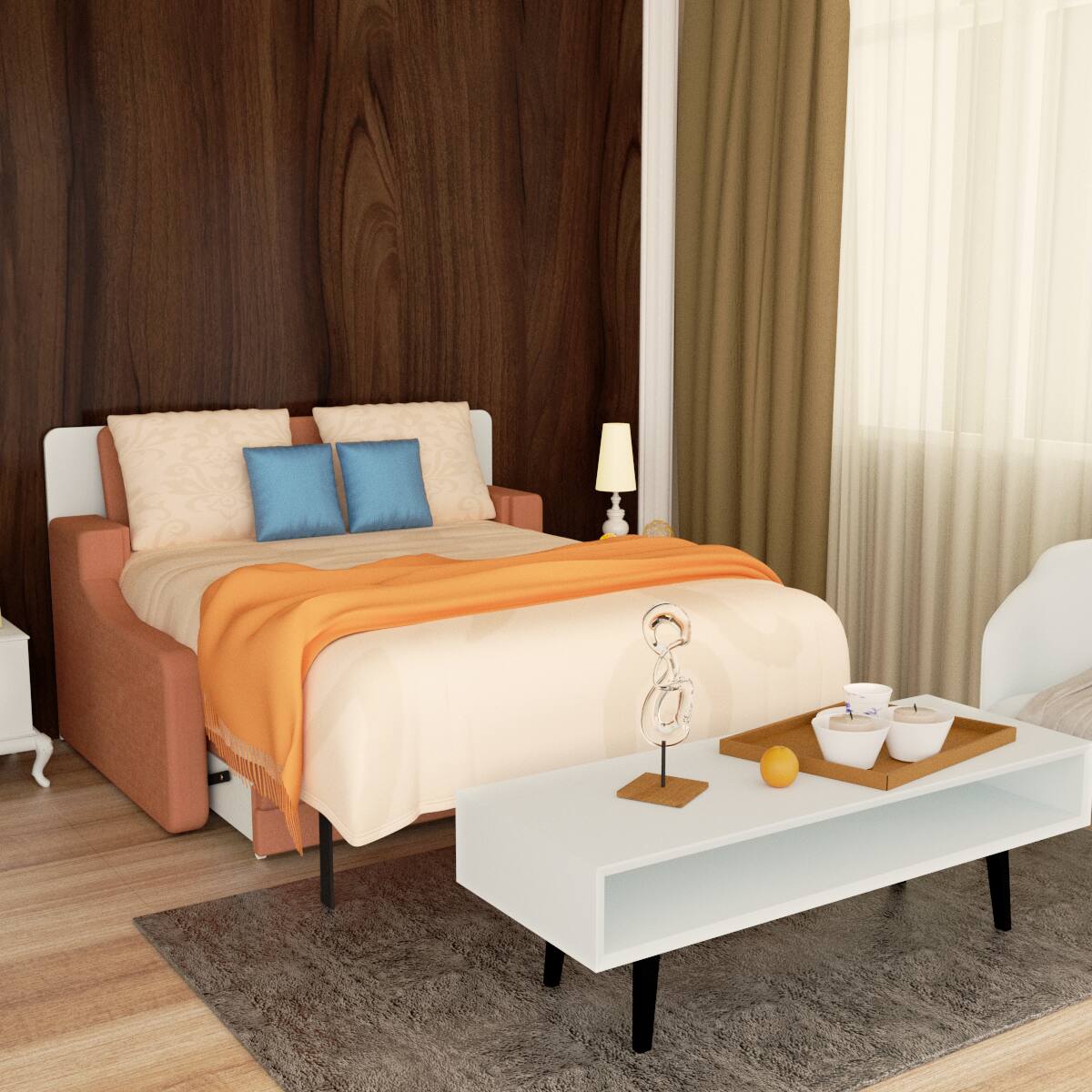 Alt View 1. Tiramisubest - Orange Plywood Modern Murphy Bed with Sofa for Bedroom, Space Saving, Easy Assembly - Orange.