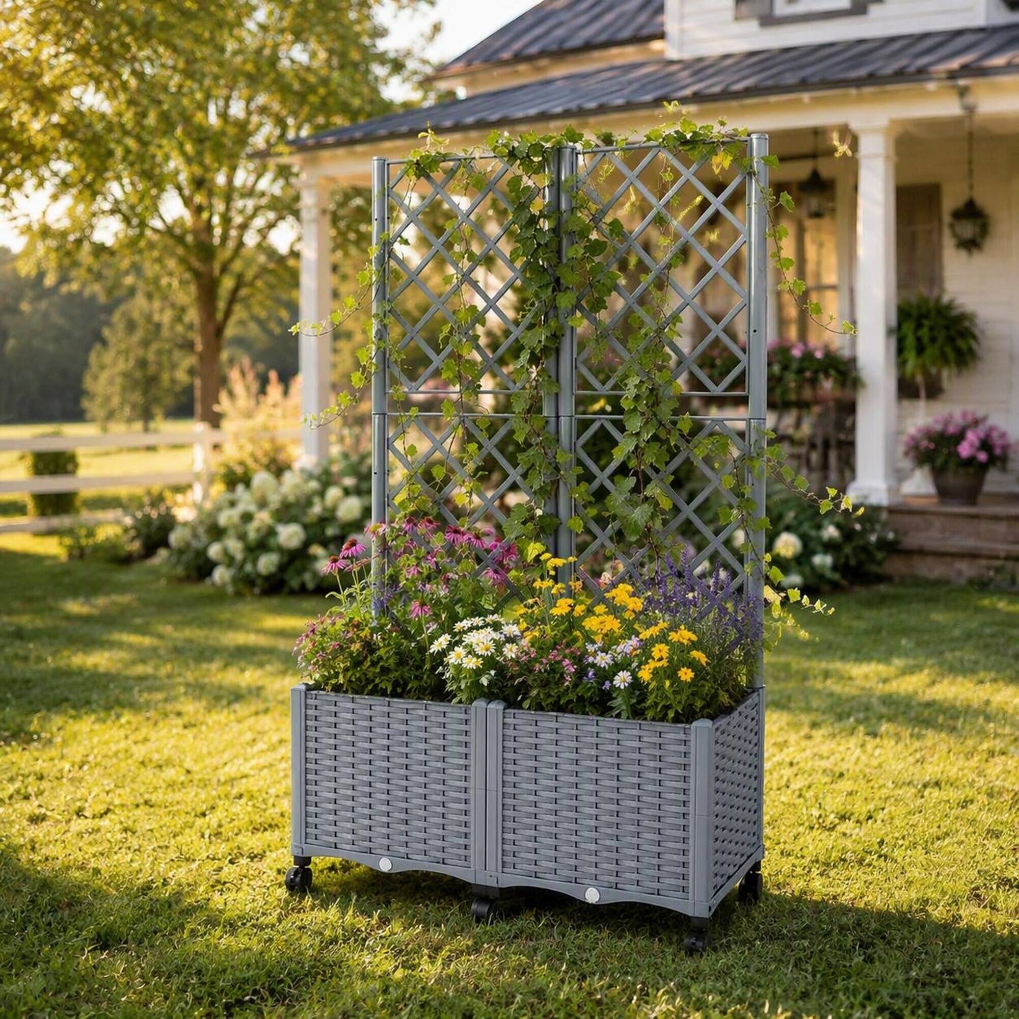 Angle. RYHNUYNE - Gray Mobile Raised Garden Bed with Trellis, Self-Watering Planter Box on Wheels with Brakes for Patio and Balcony - Gray.