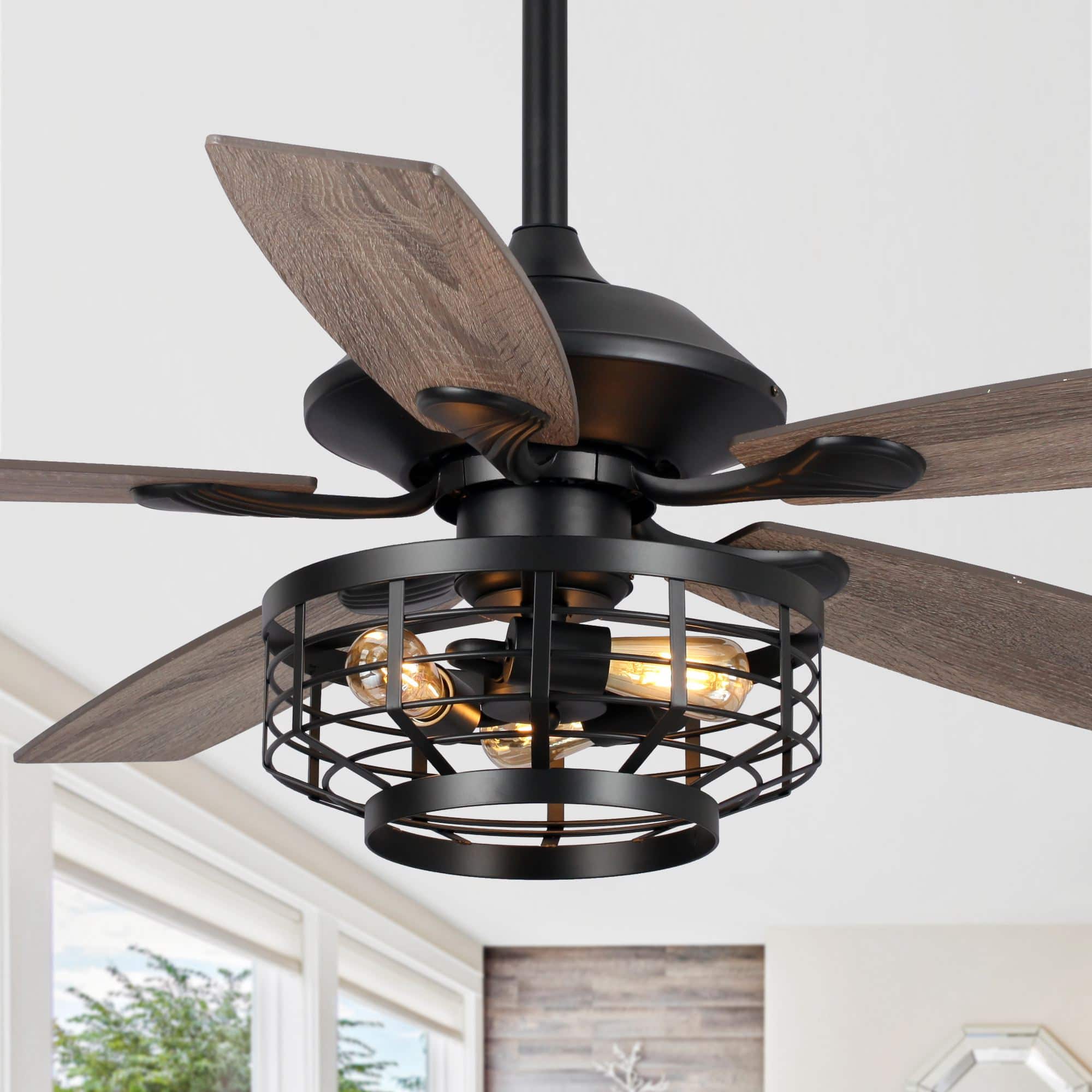 Front. Parrot Uncle - 52" Industrial Wood 5-Blade 3-Light Metal Ceiling Fan with Remote - Black.