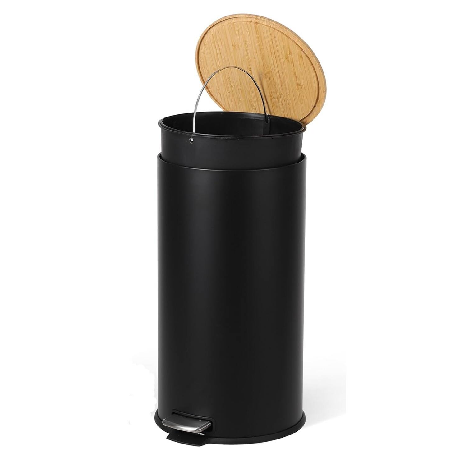 Front. Qeetex - 8 Gallon (30L) Step Trash Can with Soft-Close Bamboo Lid – Fingerprint-Resistant Stainless Steel - Black.