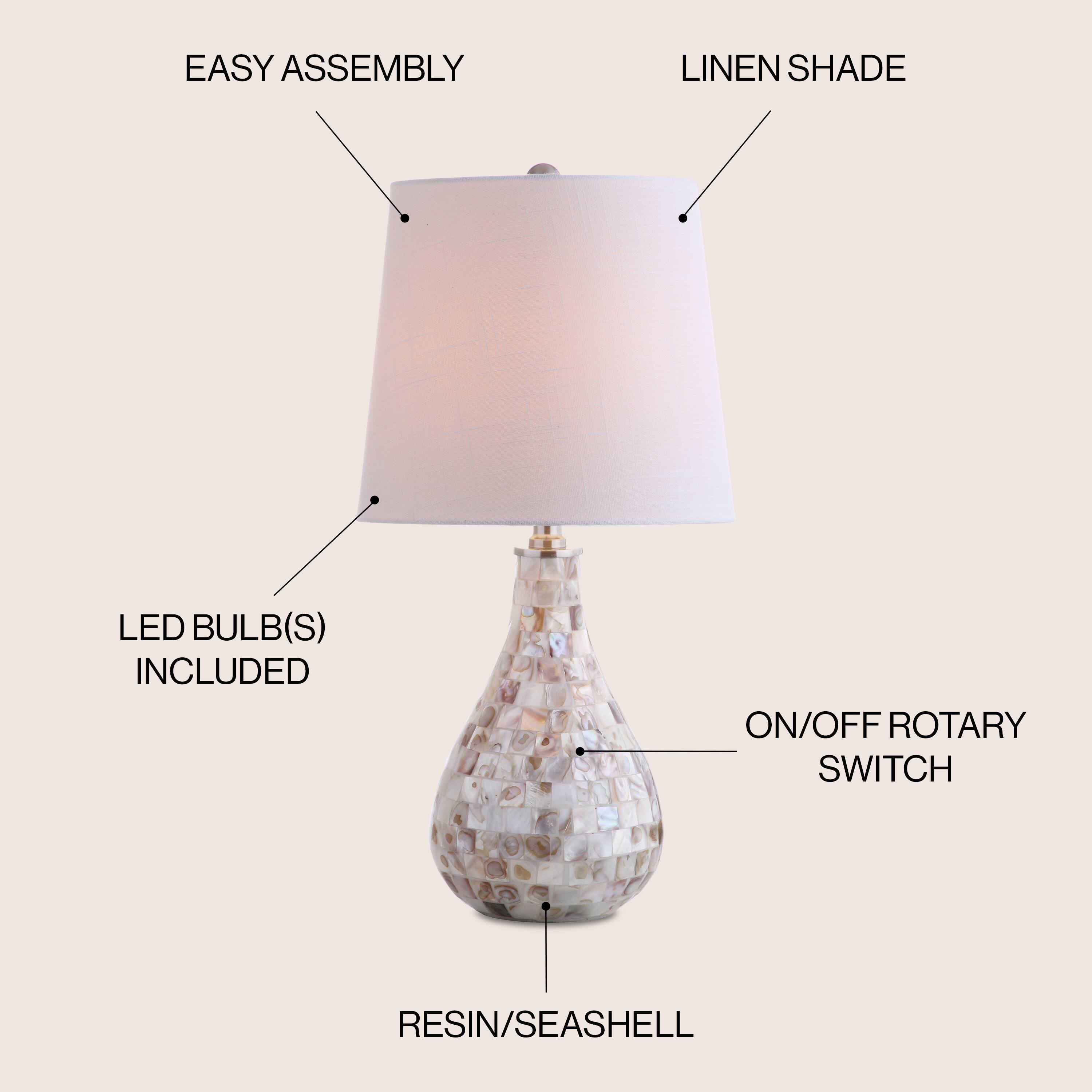 EASY ASSEMBLY  
LINEN SHADE  
LED BULB(S) INCLUDED  
ON/OFF ROTARY SWITCH  
RESIN/SEASHELL