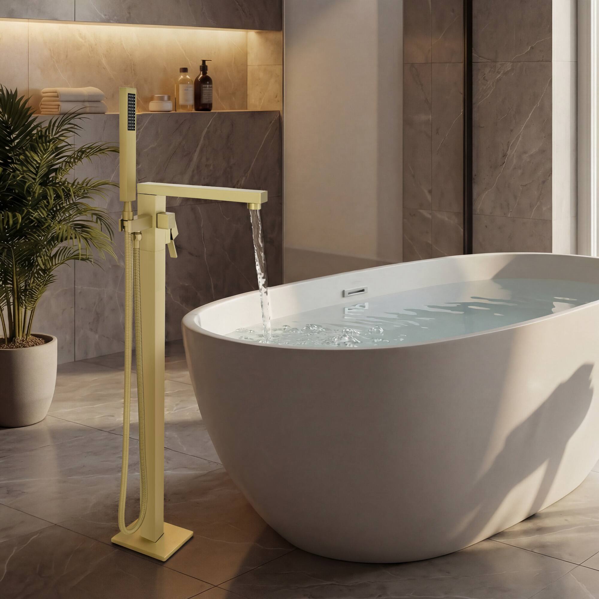 Alt View 6. Akicon - Akicon 360° Swivel Tub Filler High Flow Freestanding Bathtub Faucet with Handheld Shower in Brushed Gold Matte - Brushed Gold Matte Paint.