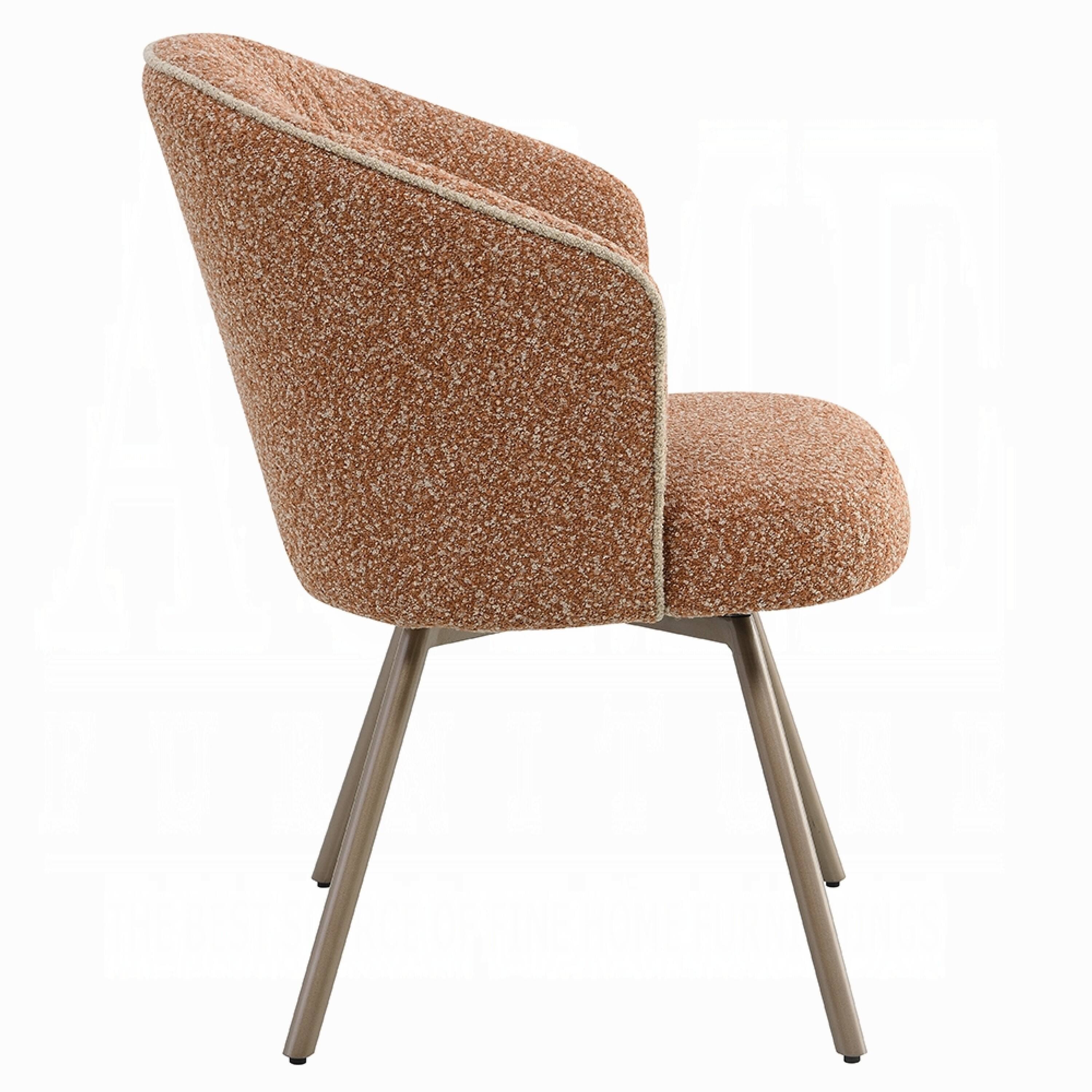 Left. Manhattan Lane - Ladi Dining Side Chair Set of 2, Rust Orange Boucle, Metal Angled Legs - Rust Orange, Dark Bronze.