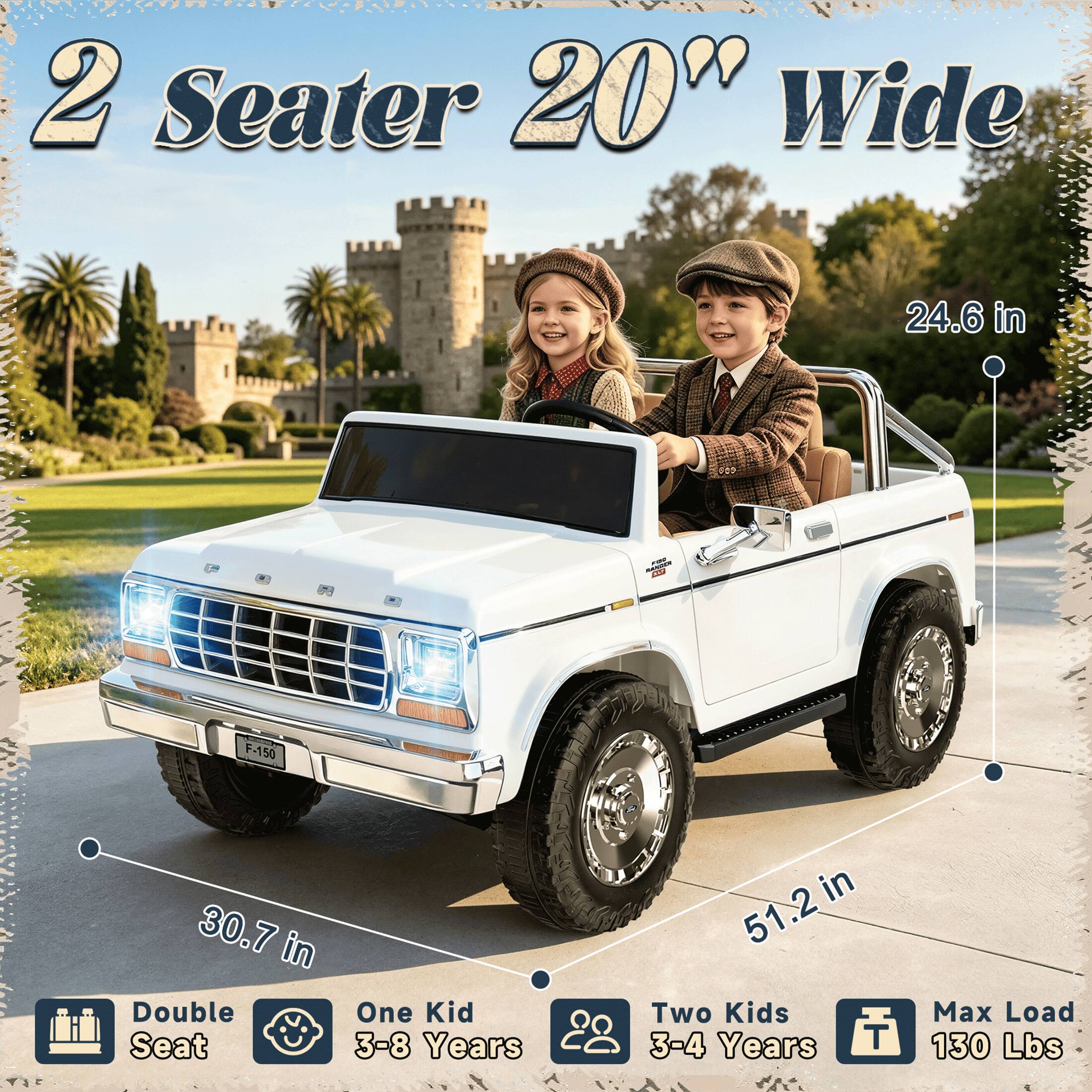 2 Seater 20" Wide

24.6 in

F-150

30.7 in

Double Seat

One Kid 3-8 Years

Two Kids 3-4 Years

Max Load 130 Lbs
