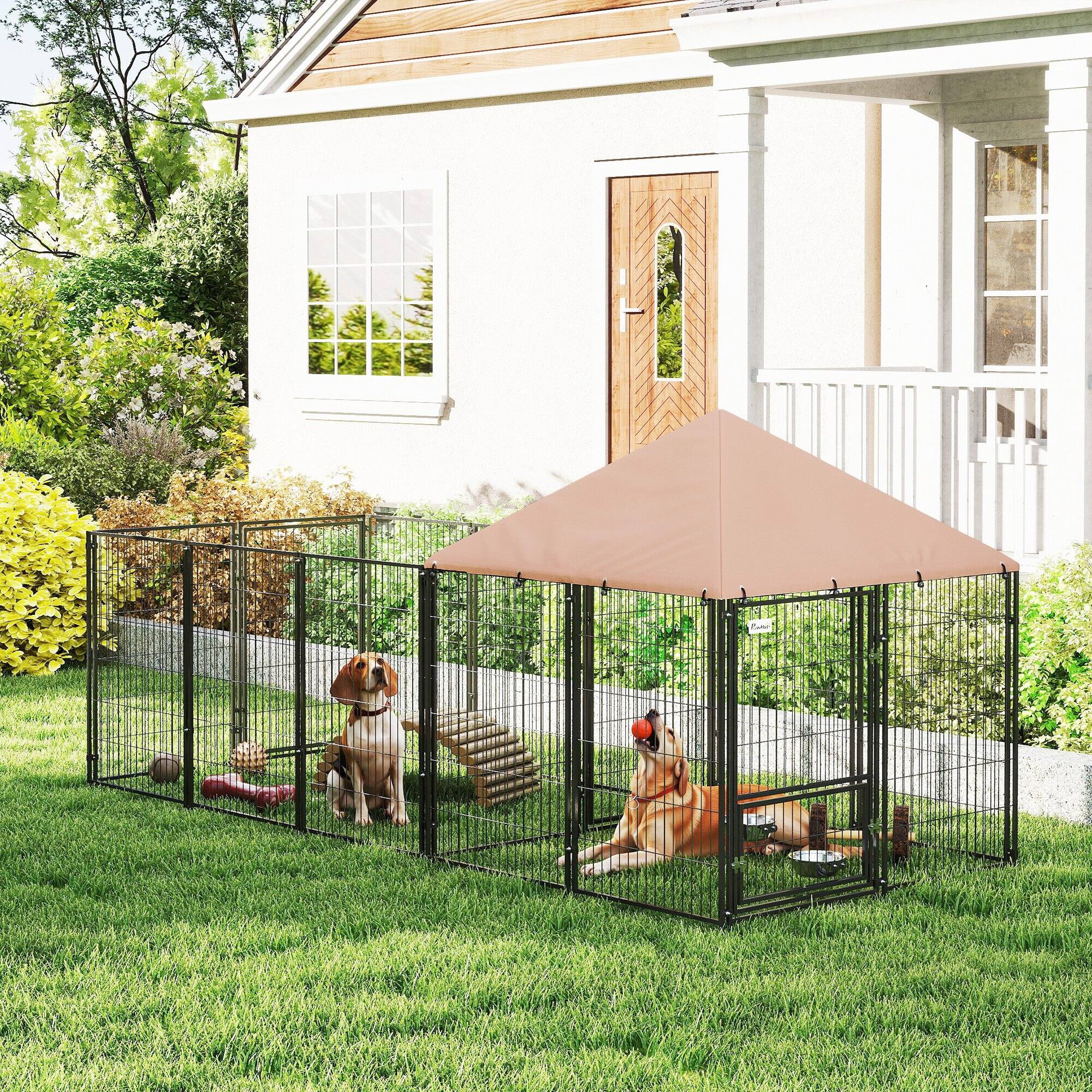 Alt View 1. Pawhut - Outdoor Dog Kennel with Rotating & Adjustable Height Bowls, Waterproof & UV-Resistant Canopy - Coffee.