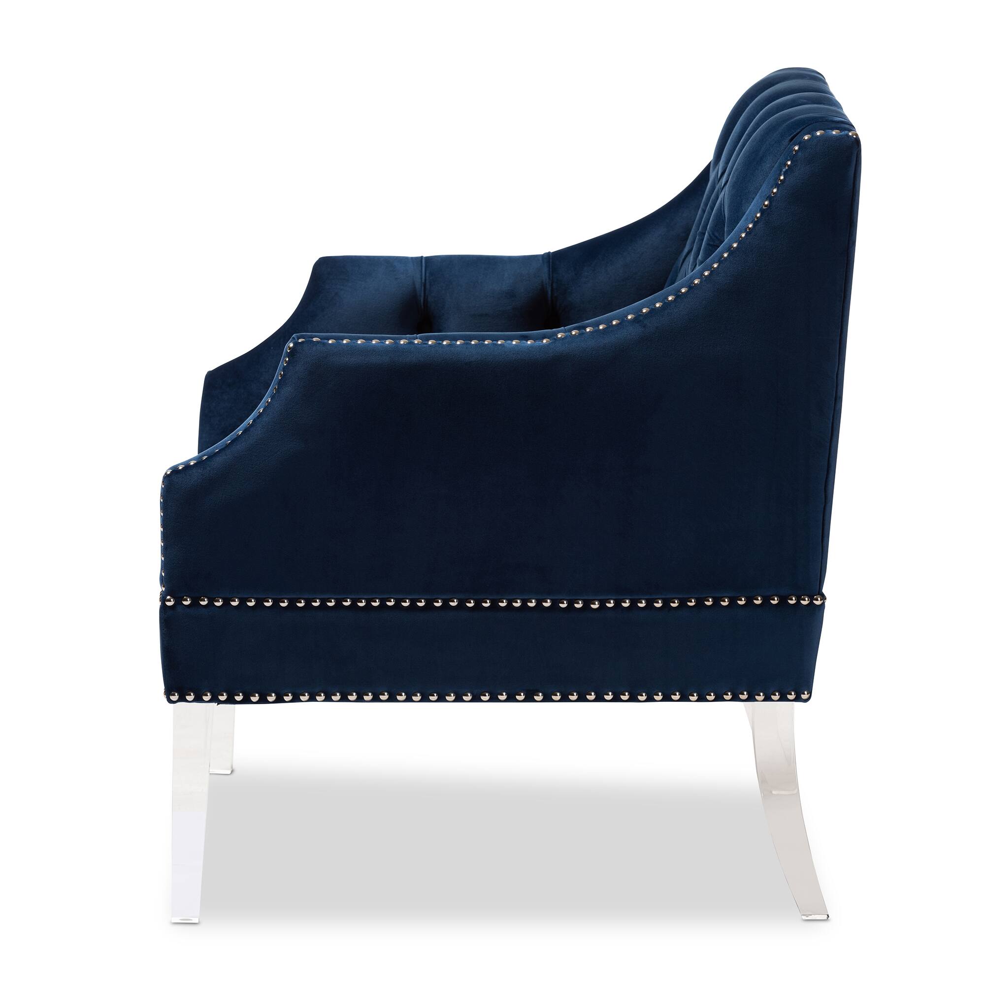 Left. Baxton Studio - Silvana Modern and Contemporary Velvet Fabric Upholstered Lounge Chair with Acrylic Legs - Navy Blue/Clear.
