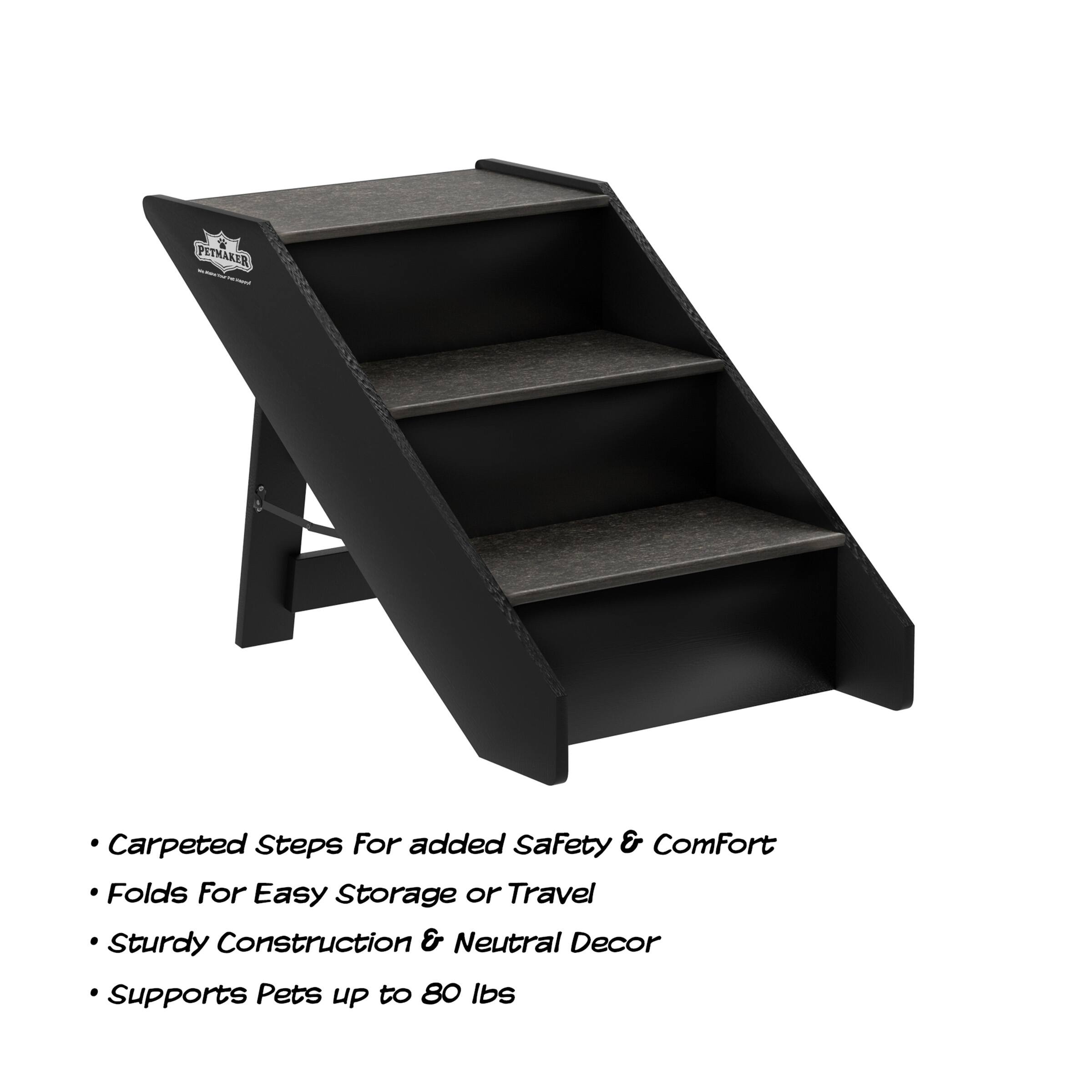 - Carpeted Steps For added Safety & Comfort
- Folds For Easy Storage or Travel
- Sturdy Construction & Neutral Decor
- Supports Pets up to 80 lbs