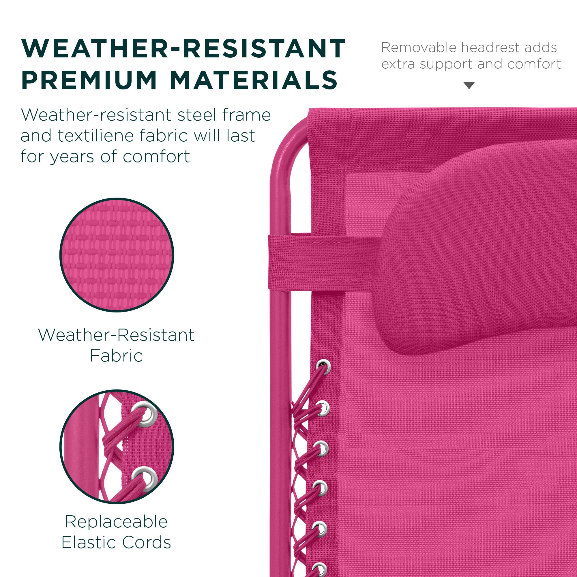 WEATHER-RESISTANT Removable headrest adds extra support and comfort. PREMIUM MATERIALS: Weather-resistant steel frame and textilene fabric will last for years of comfort. Weather-Resistant Fabric. Replaceable Elastic Cords.