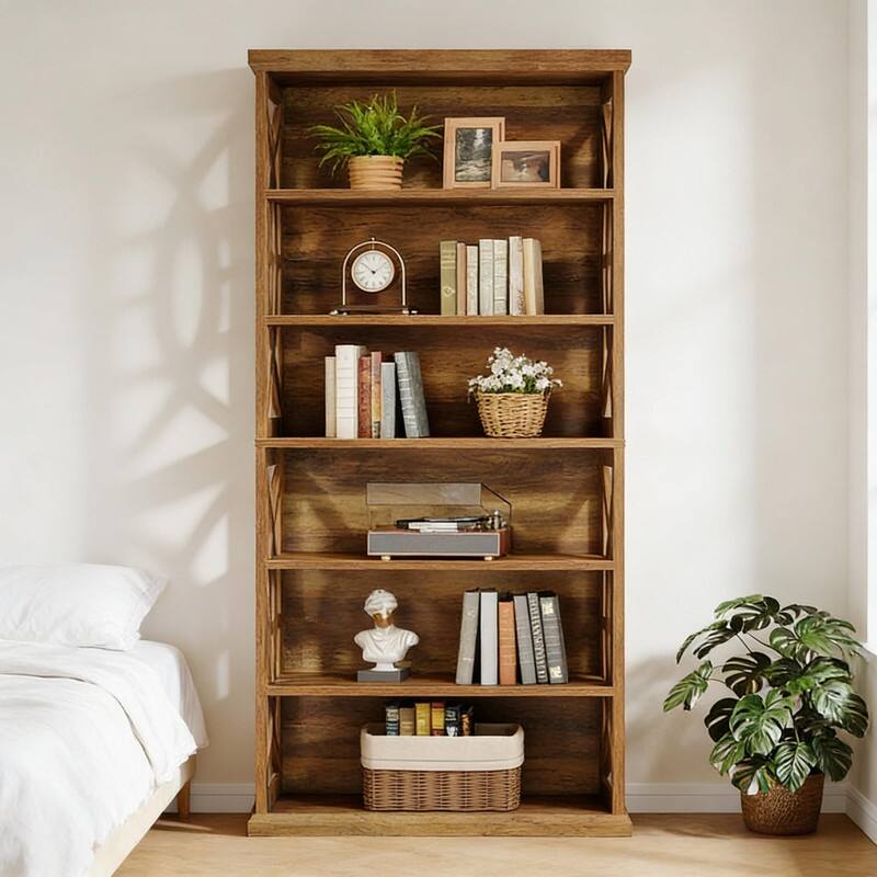 Alt View 5. HTUTWOO - Classic Wooden Bookshelf, Sturdy Freestanding Bookcase with Elegant Design, Anti-Tipping for Living Room Home Office - Brown.