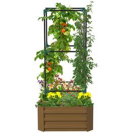 Outsunny - Galvanized Raised Garden Bed, 55" Tall Outdoor Planter Box with Trellis Tomato Cage and Open Bottom for Climbing Vines - Brown