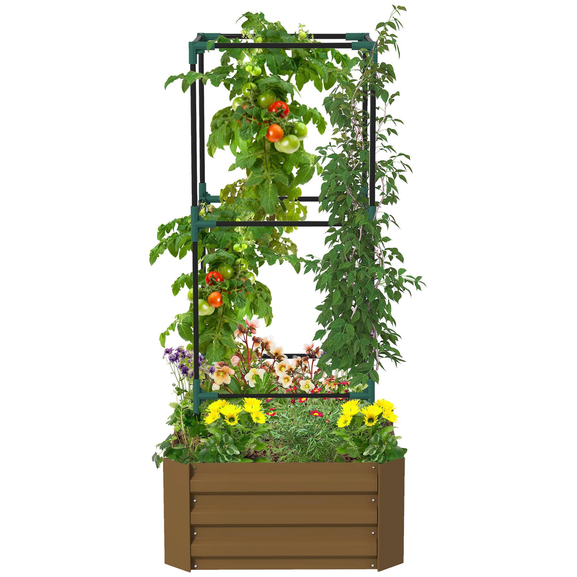 Front. Outsunny - Galvanized Raised Garden Bed, 55" Tall Outdoor Planter Box with Trellis Tomato Cage and Open Bottom for Climbing Vines - Brown.