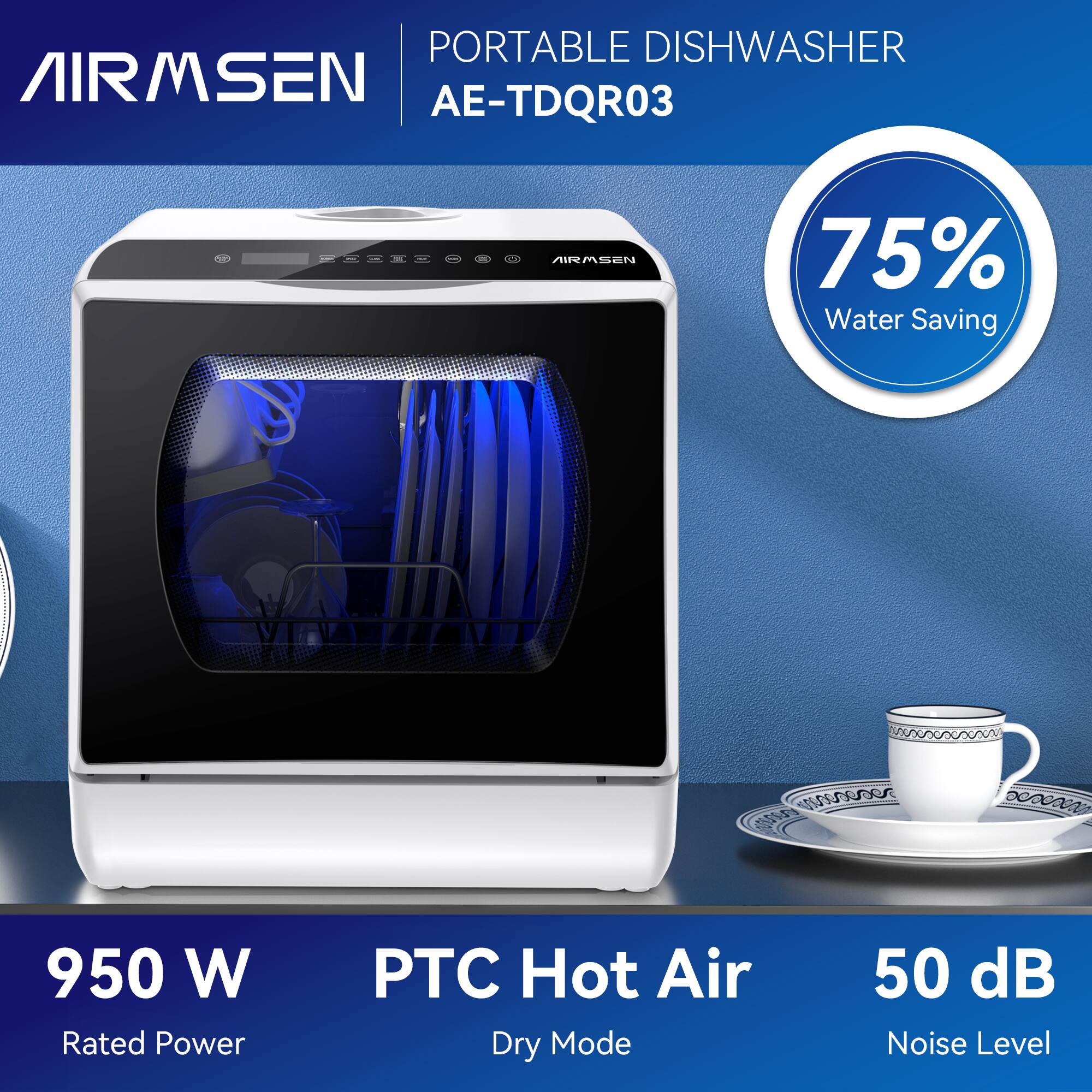 PORTABLE DISHWASHER AIRMSEN AE-TDQR03 75% Water Saving 950 W Rated Power PTC Hot Air Dry Mode 50 dB Noise Level