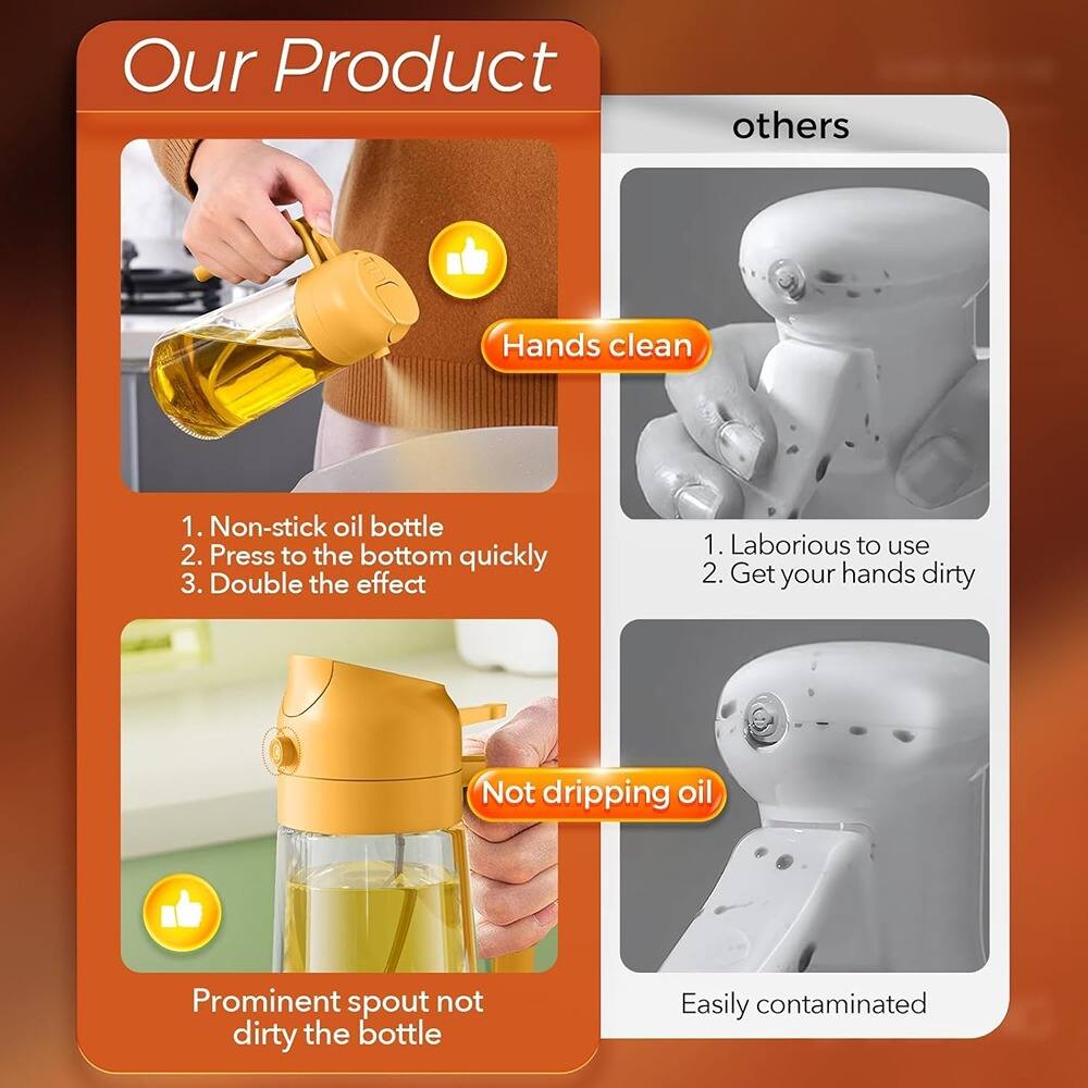 **Our Product**

- Hands clean
  1. Non-stick oil bottle
  2. Press to the bottom quickly
  3. Double the effect

- Not dripping oil
  - Prominent spout not dirty the bottle

**others**

- 1. Laborious to use
- 2. Get your hands dirty
- Easily contaminated