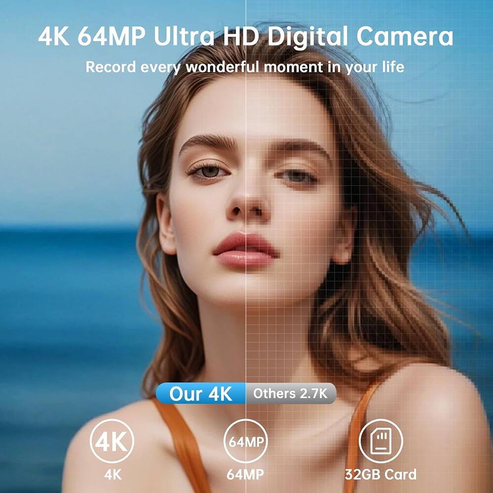 4K 64MP Ultra HD Digital Camera  
Record every wonderful moment in your life  

Our 4K  
4K  
64MP  

Others 2.7K  
32GB Card