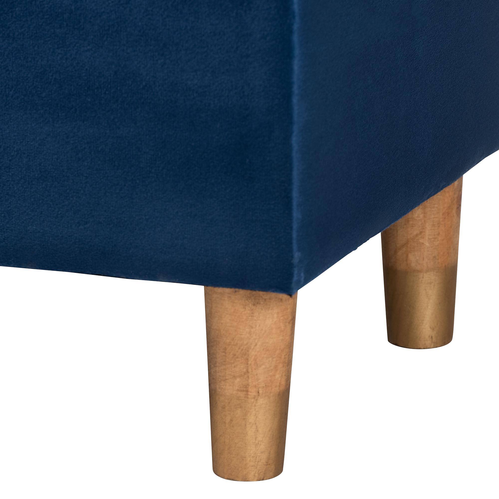 Alt View 2. Baxton Studio - Elias Modern Velvet Fabric Storage Ottoman - Navy Blue/Oak Brown.