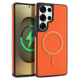 Dteck - Magnetic Carbon Fiber Texture Case for Samsung Galaxy S25 Ultra, Slim Shockproof Phone Cover with Raised Edge Protection - Orange