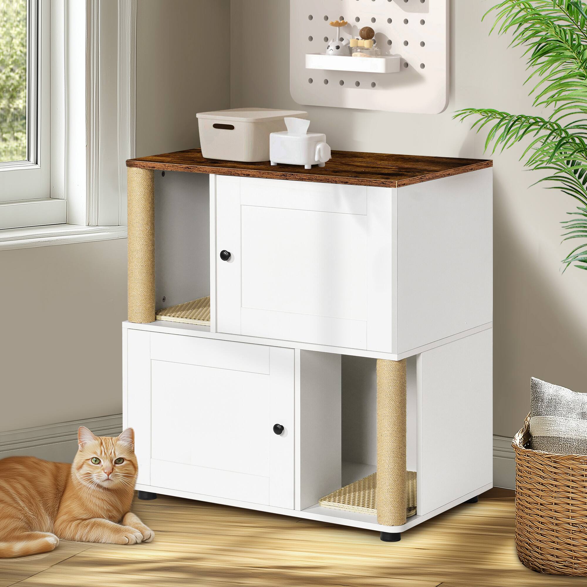 Left. Yardgrace - Double Cat Litter Box Cabinet with Shelf Holds Two Litter Boxes White and Vintage Finish - White.