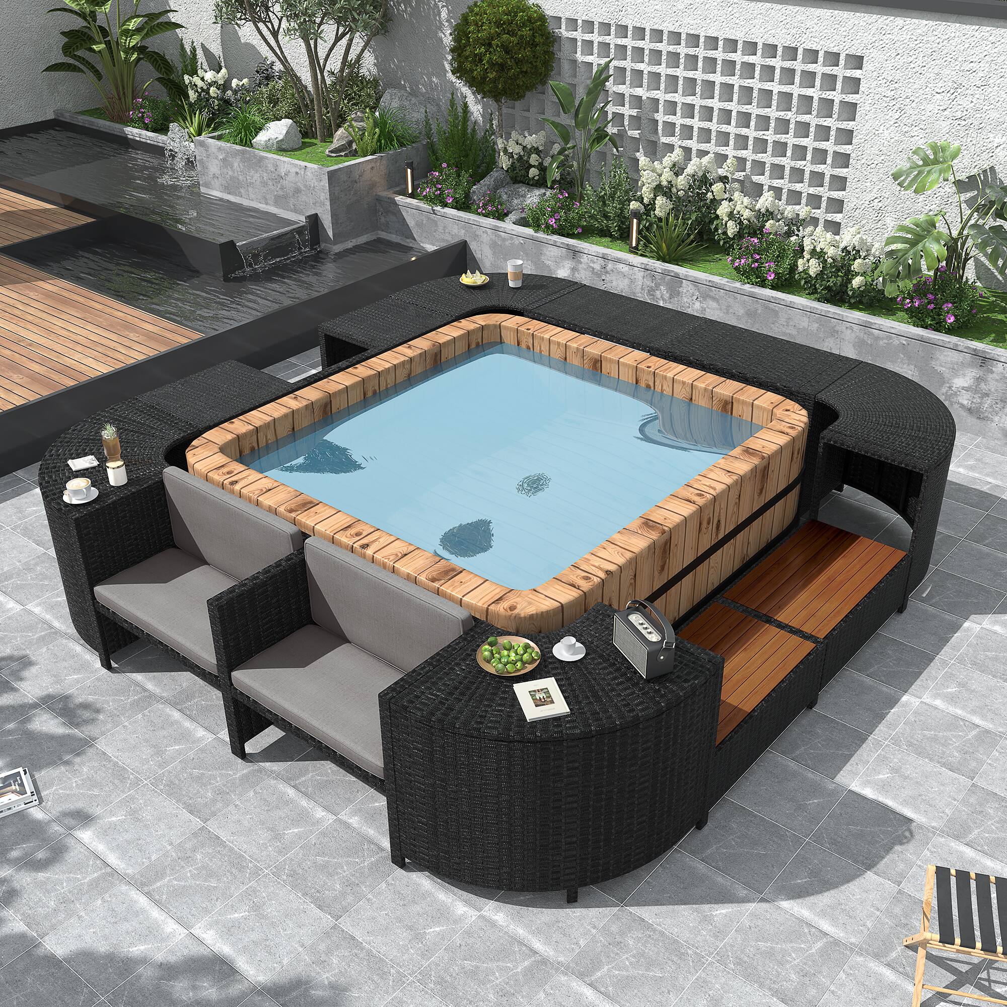 Left. Anysun - Quadrilateral Outdoor Rattan Sectional Sofa Set - Spa Frame, Wooden Seats, Mini Sofa & Storage. - Grey.