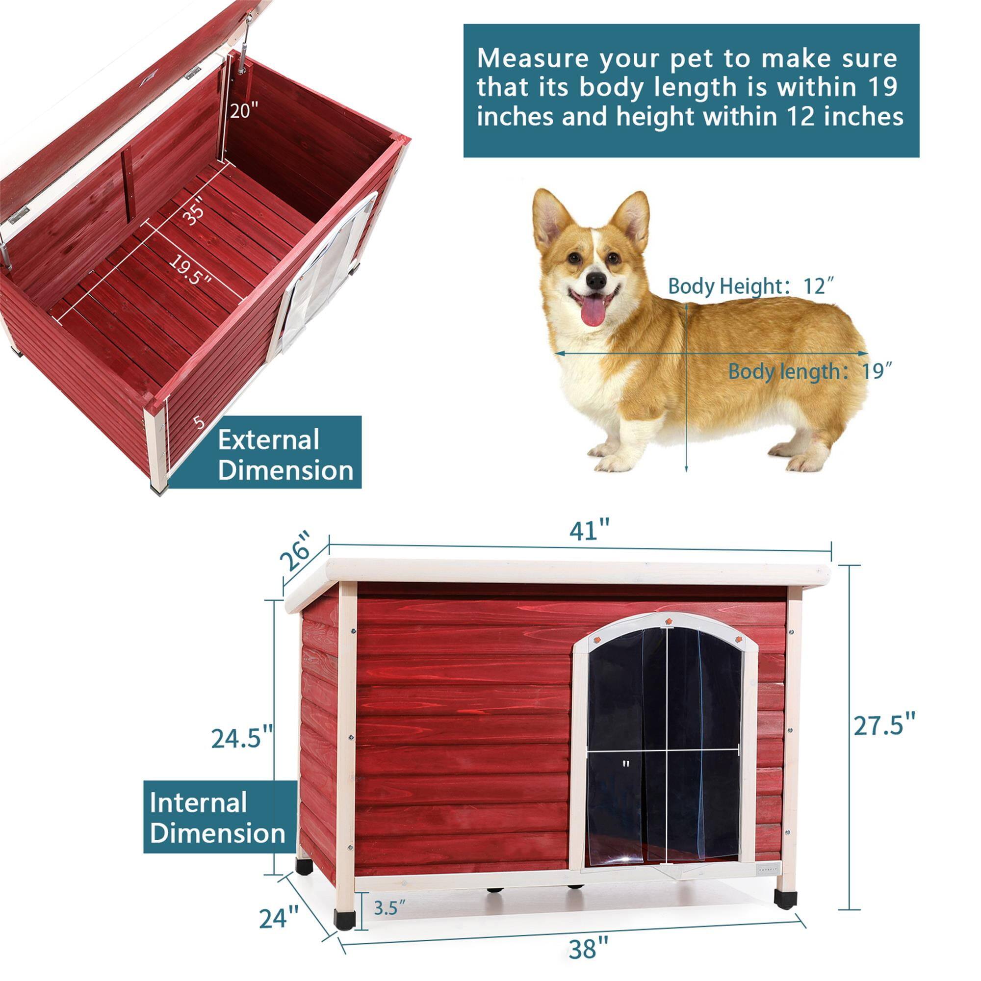 Measure your pet to make sure that its body length is within 19 inches and height within 12 inches.

Body Height: 12"
Body length: 19"

External Dimension
- 20"
- 35"
- 19.5"
- 5"

Internal Dimension
- 24.5"
- 24"
- 3.5"
- 38"
- 26"
- 41"
- 27.5"