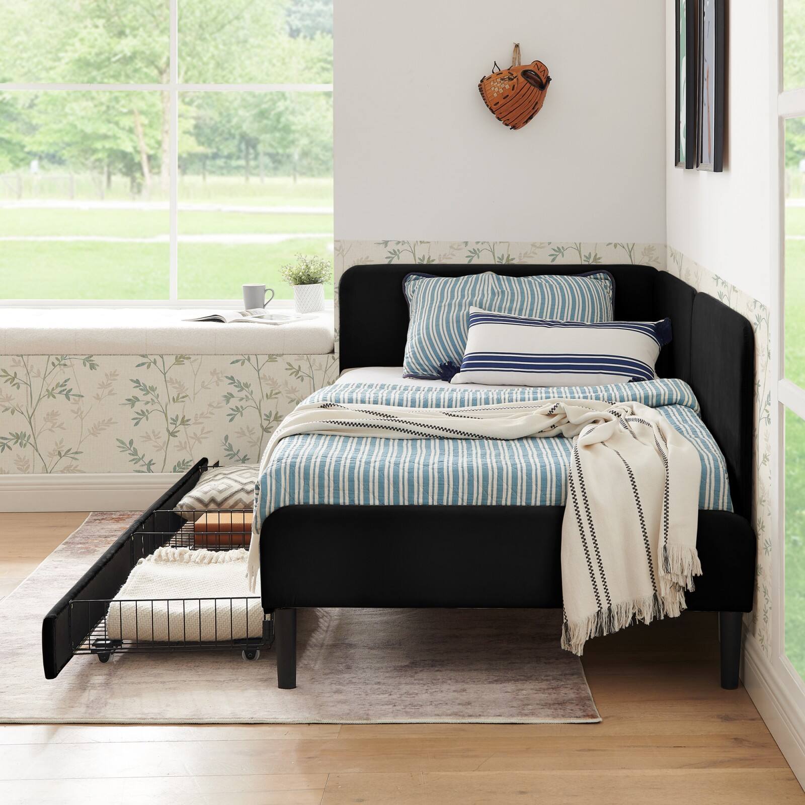 Alt View 5. Ecooso - Twin Size Upholstered Platform Bed Frame with 2 Storage Drawers, Adjustable Velvet Sofa Bed - Black.