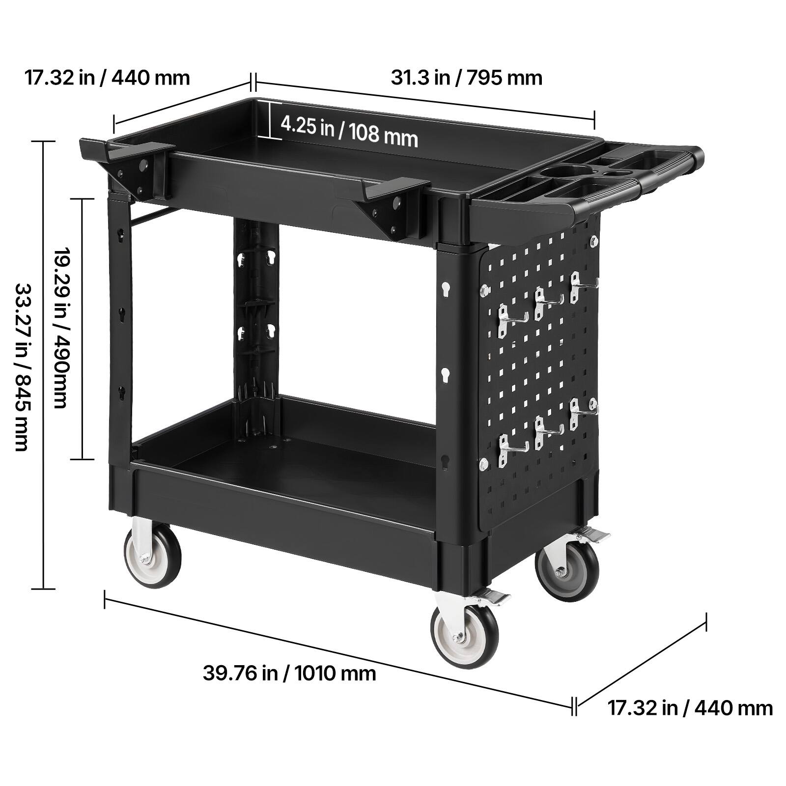 17.32 in / 440 mm  
31.3 in / 795 mm  
4.25 in / 108 mm  
33.27 in / 845 mm  
19.29 in / 490 mm  
39.76 in / 1010 mm