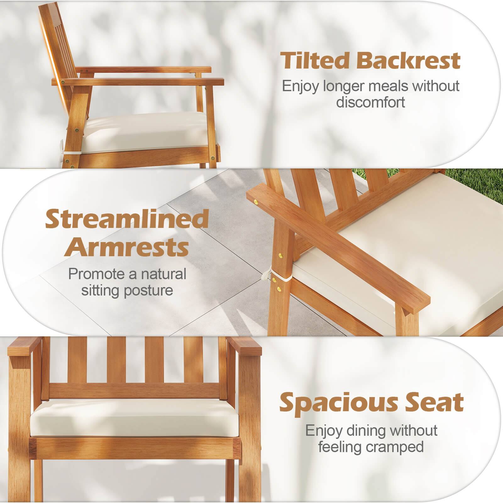 Tilted Backrest  
Enjoy longer meals without discomfort

Streamlined Armrests  
Promote a natural sitting posture

Spacious Seat  
Enjoy dining without feeling cramped