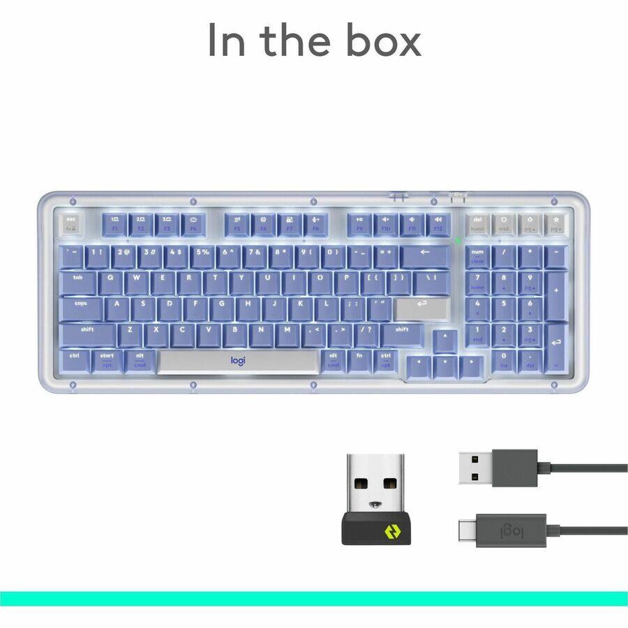 In the box

- FS 10 11 10 12 10 14
- F1 S TA at 11 4 F
- PP + F1 + F1 4 F12 det mrud P P 1 - 2 e 3 & 4 S 5% 5 & - 7 & 8
- I a I num / tah Q W E R T Y U I 0 P I I 1 I 4 I 7 -e 8 9 ~ empa A S D F G H J K L : : 4 5 6 shift Z x V B N
- - F 1 shift 1 and 2 3 etr Fusn sgrt WH cm logi - fn etr D ind ou logi