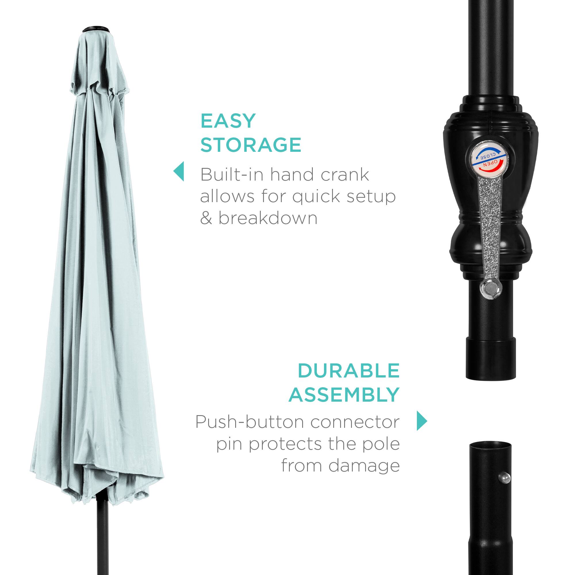 EASY STORAGE  
Built-in hand crank allows for quick setup & breakdown  

DURABLE ASSEMBLY  
Push-button connector pin protects the pole from damage
