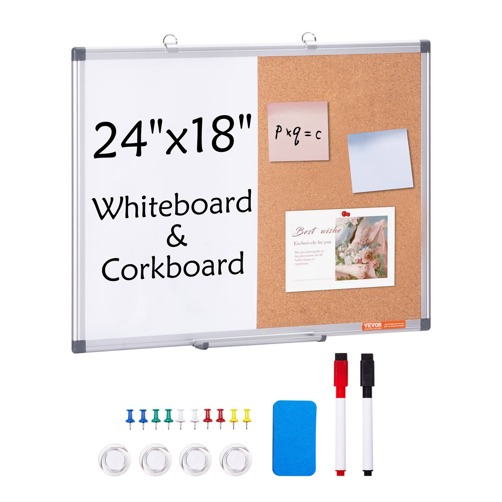 VEVOR - 24"x18" Whiteboard & Cork Board Combo with Aluminum Frame – 2-in-1 Magnetic Dry Erase Bulletin Board for Wall Mount - Black