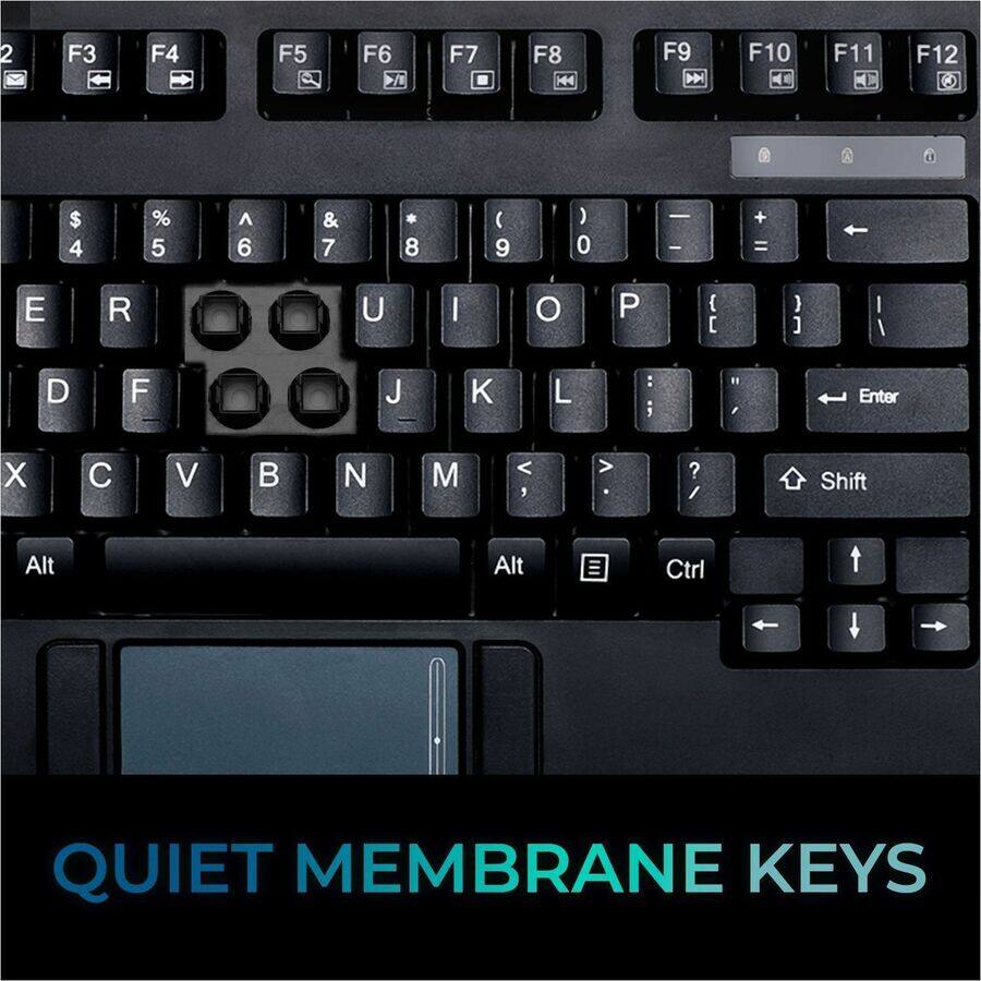 2 F3 F4 F5 F6 F7 F8 F9 F10 F11 F12  
$ 4 % 5 ^ 6 & 7 * 8 ( 9 ) 0 - I + = E R U I O P { [ ) ] I I D F J K L : ; " Enter X C V B N M < > ? / Shift Alt Alt Ctrl  
QUIET MEMBRANE KEYS