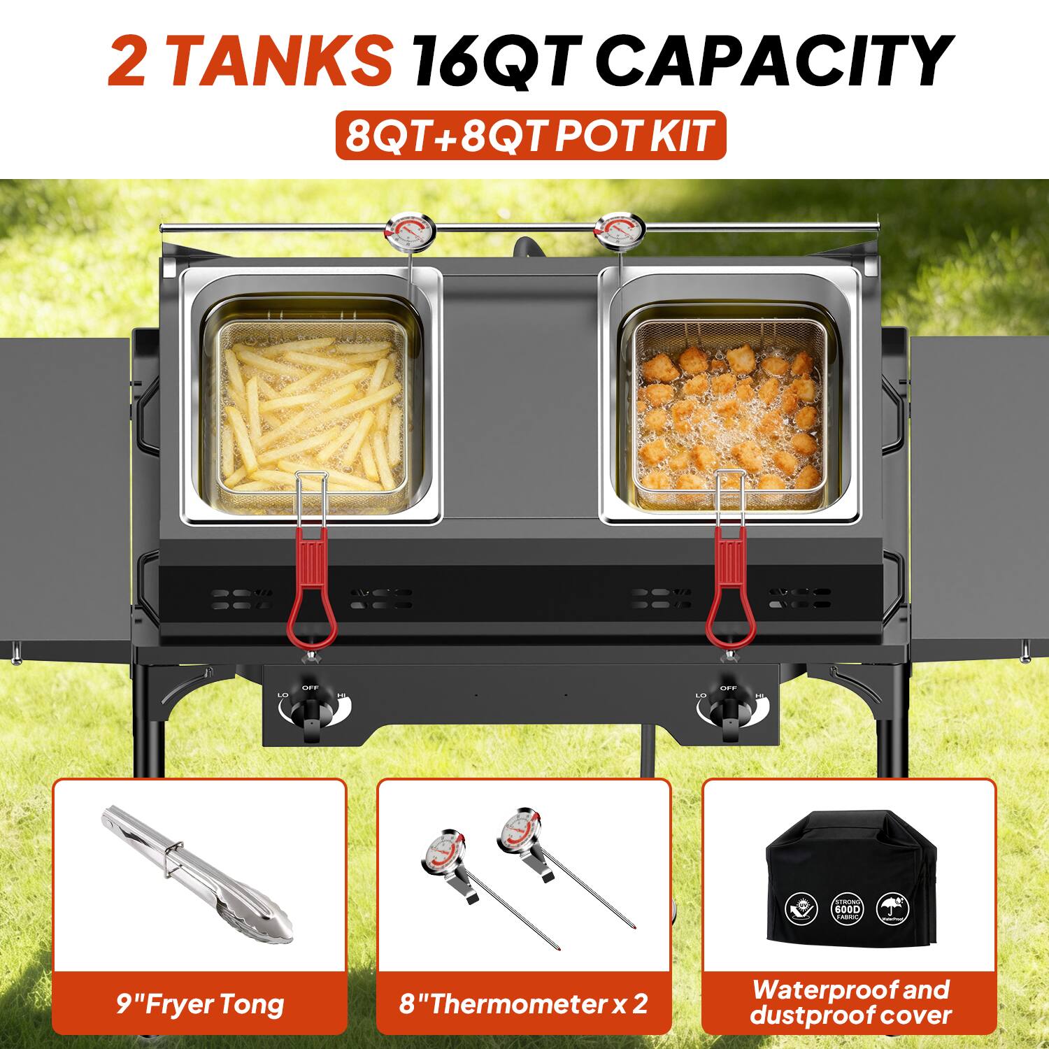 FODINGHILL Outdoor Propane Deep Fryer,Dual Tank Fish Fryer with Cover ...