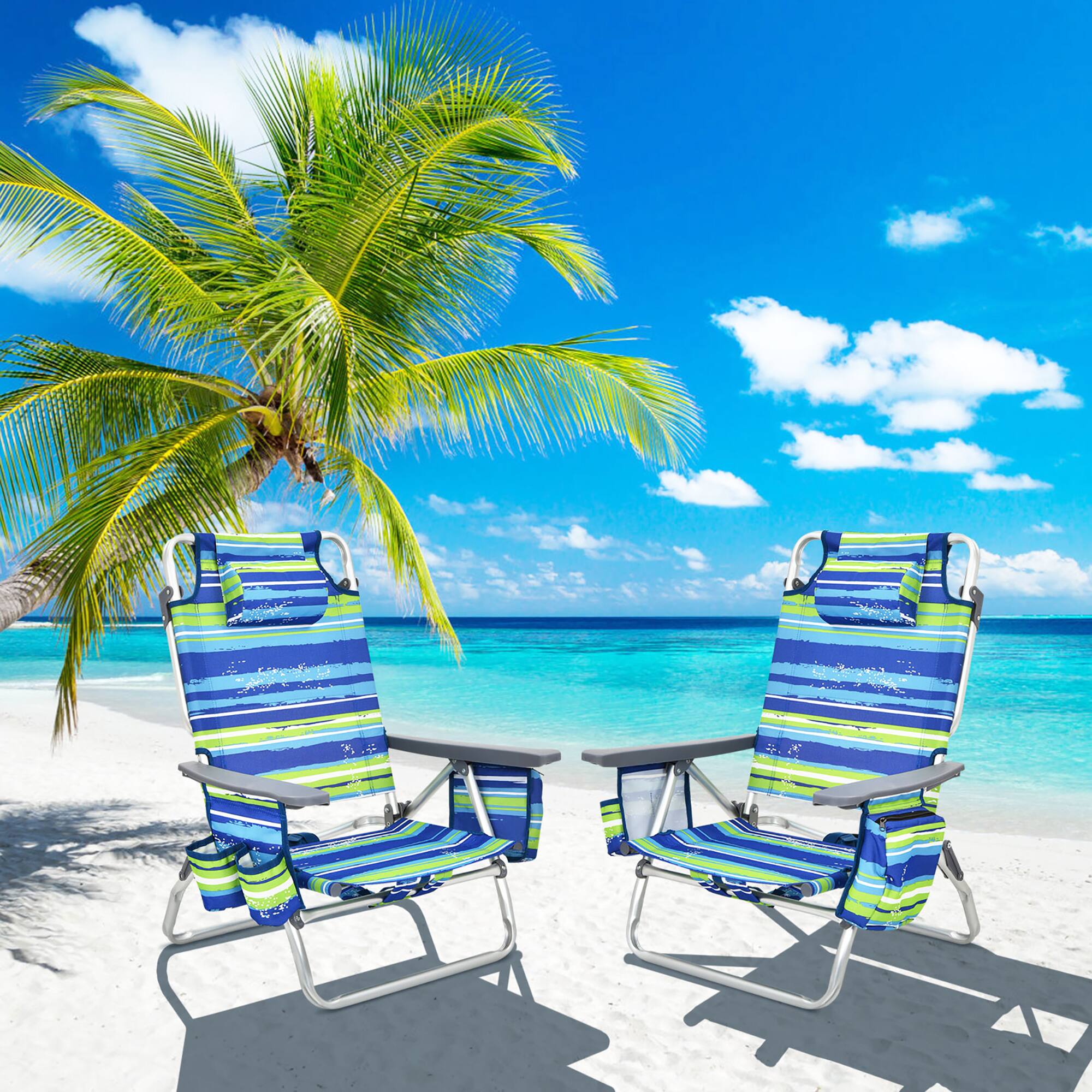 Alt View 1. Costway - Costway 2-Pack Folding Backpack Beach Chair 5-Position Outdoor Reclining Chairs w/Pillow - Blue.