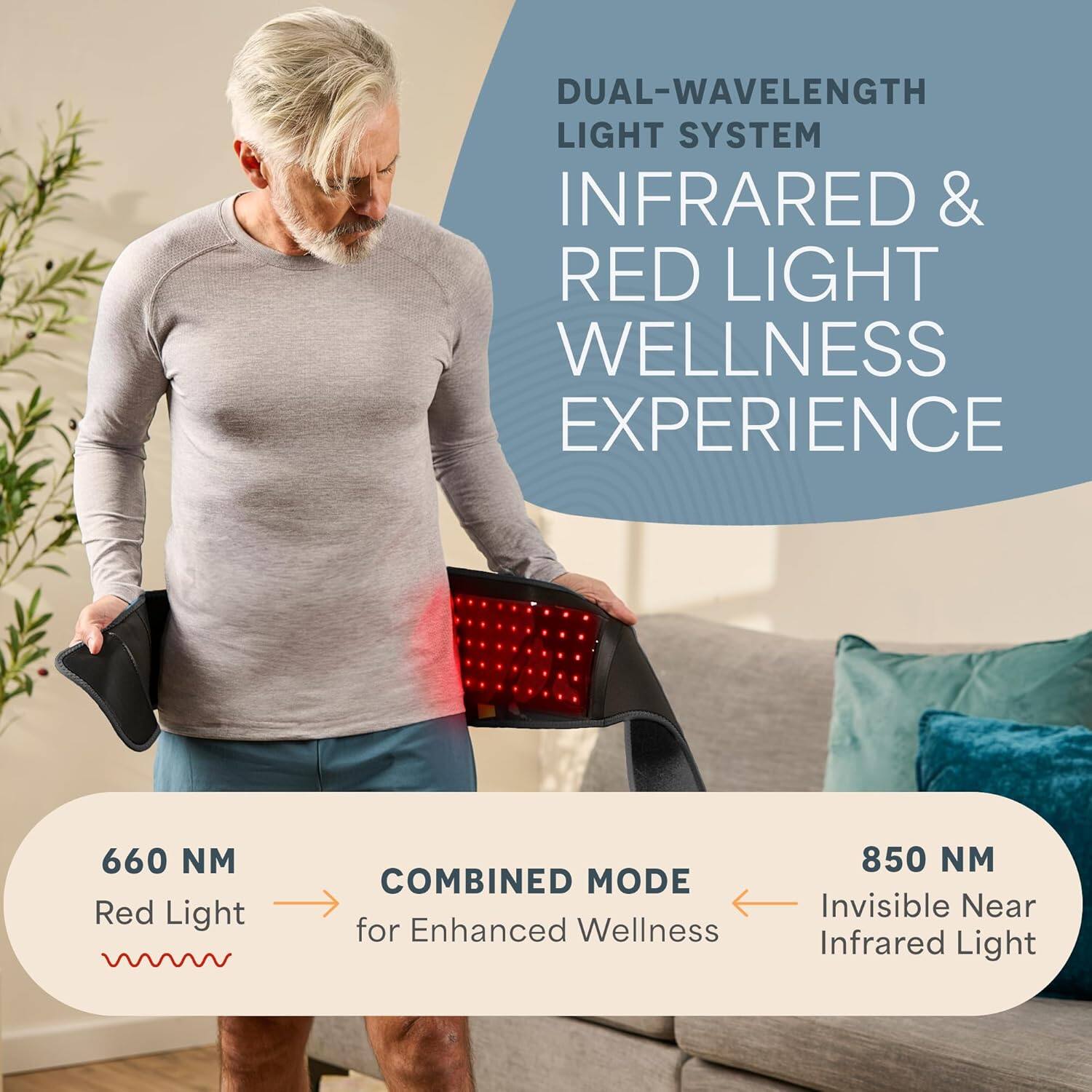 DUAL-WAVELENGTH LIGHT SYSTEM  
INFRARED & RED LIGHT WELLNESS EXPERIENCE  

660 NM Red Light  
COMBINED MODE for Enhanced Wellness  

850 NM Invisible Near Infrared Light