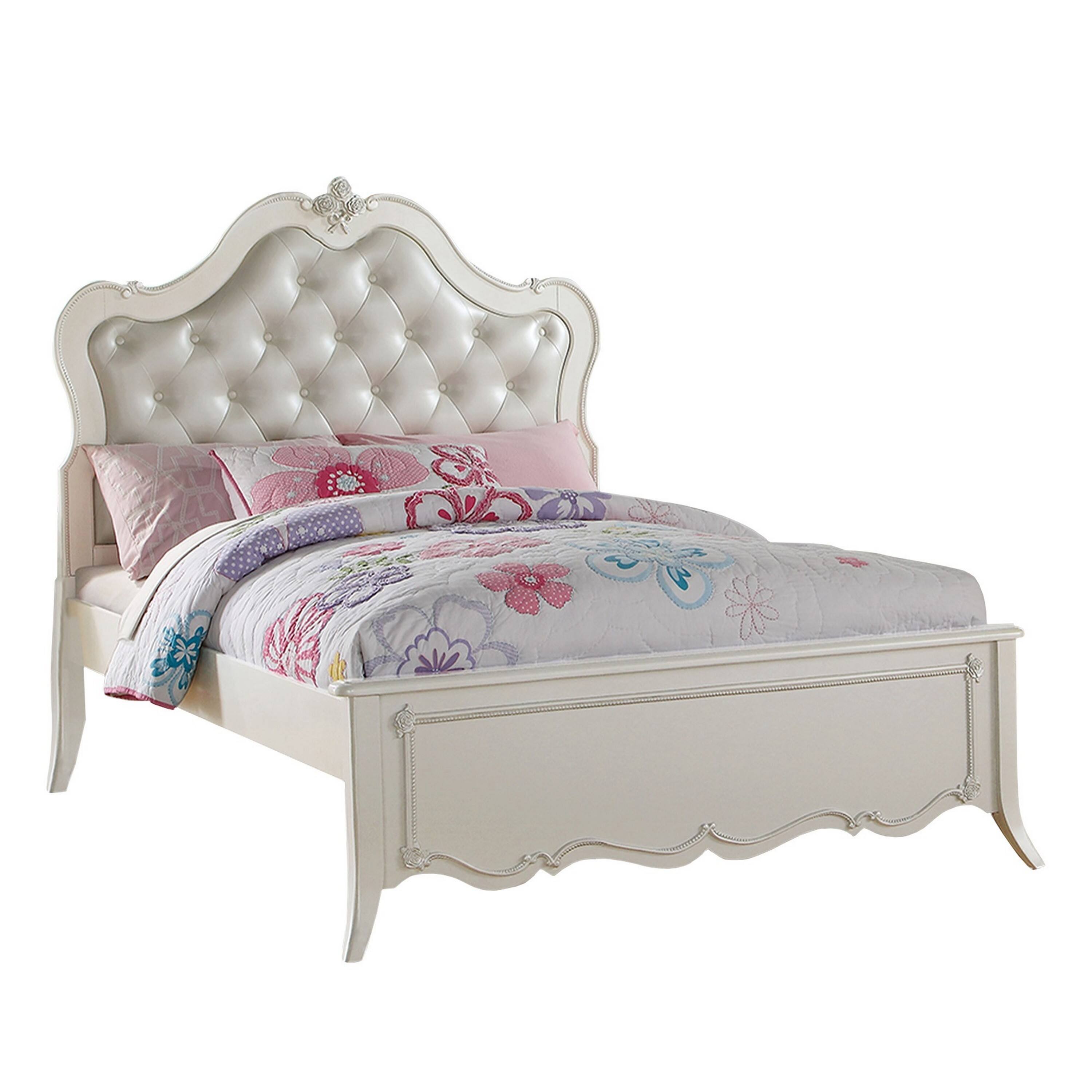 Front. Manhattan Lane - Pine Wood Twin Bed With Button Tufted Headboard - White.