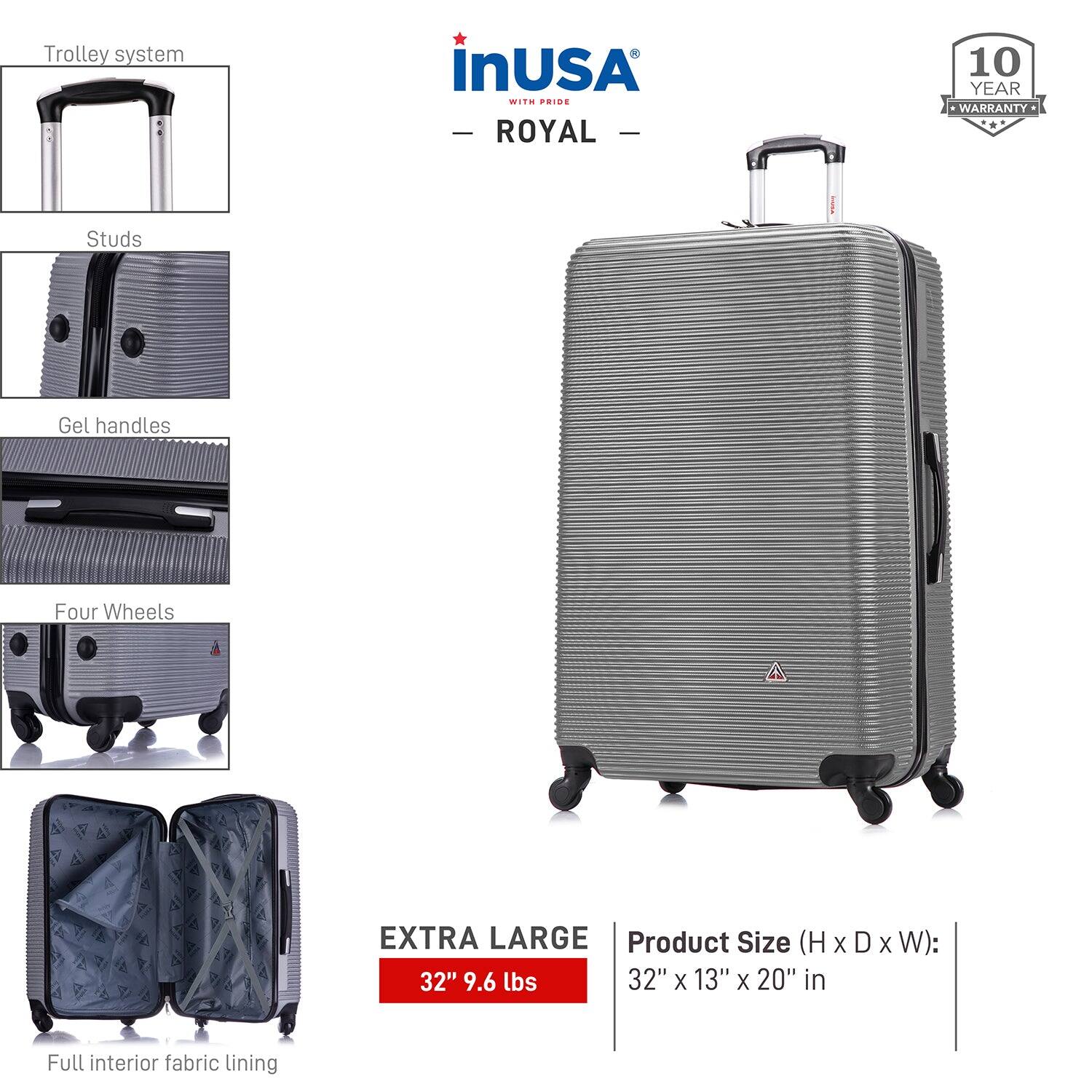 - **Trolley system**
- **Studs**
- **Gel handles**
- **Four Wheels**
- **Full interior fabric lining**

**EXTRA LARGE**

**Product Size (H x D x W):** 32" x 13" x 20" in

**Weight:** 9.6 lbs

**10 YEAR WARRANTY**