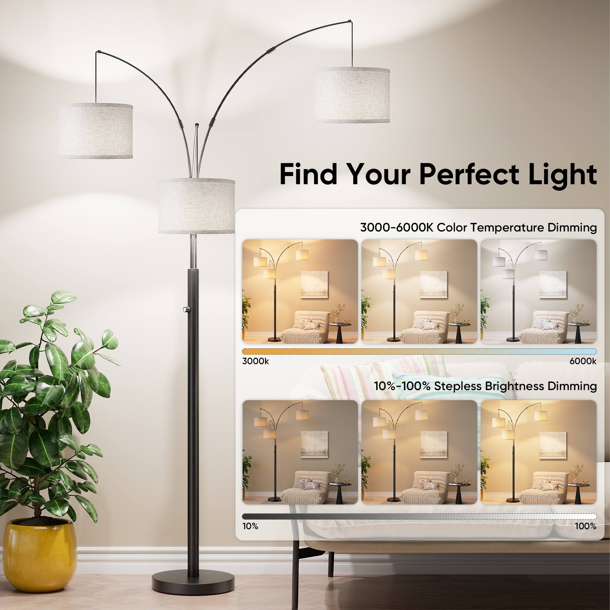 Find Your Perfect Light  
3000-6000K Color Temperature Dimming  
ALL 3000k 6000k  
10%-100% Stepless Brightness Dimming  
10%  
100%