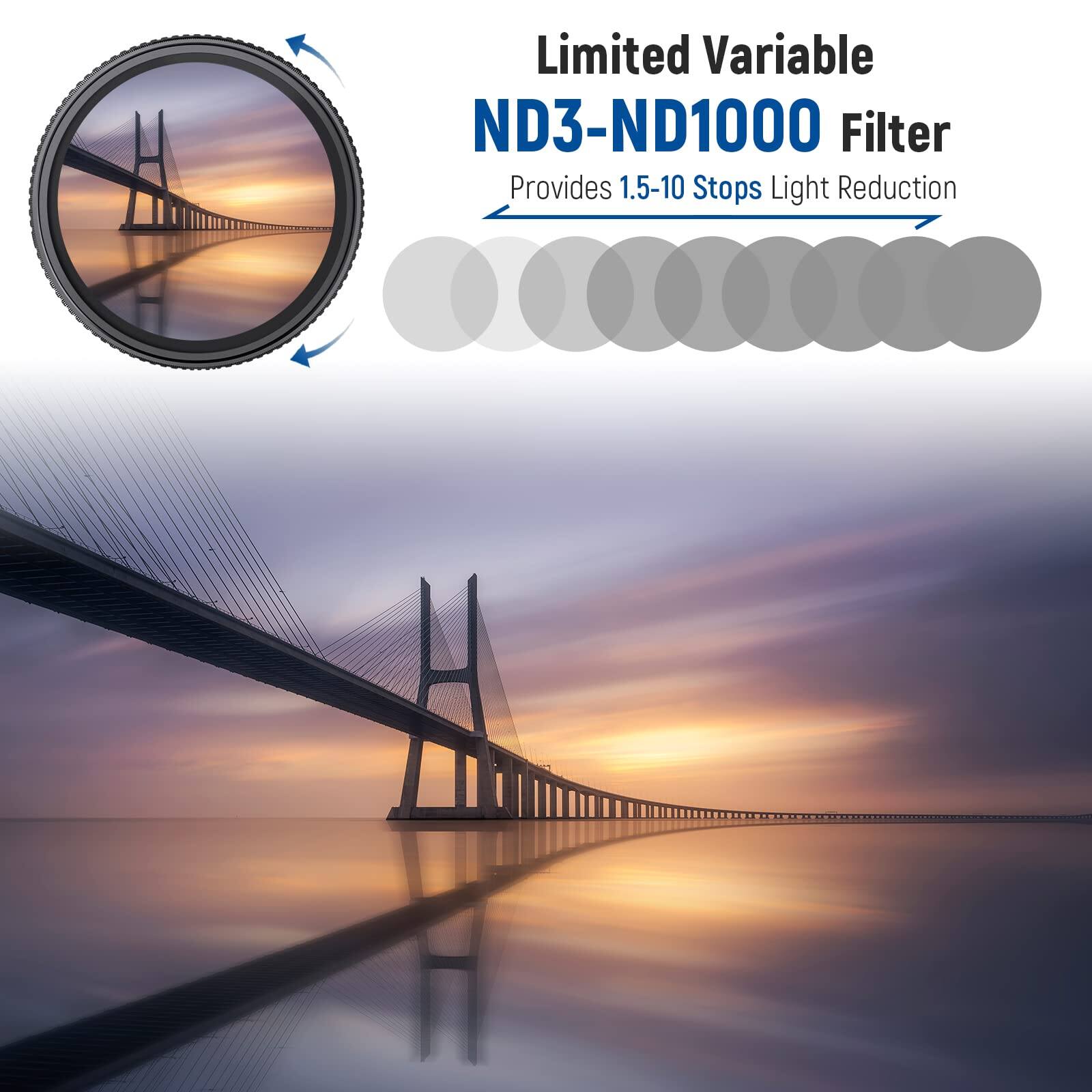 Limited Variable ND3-ND1000 Filter  
Provides 1.5-10 Stops Light Reduction