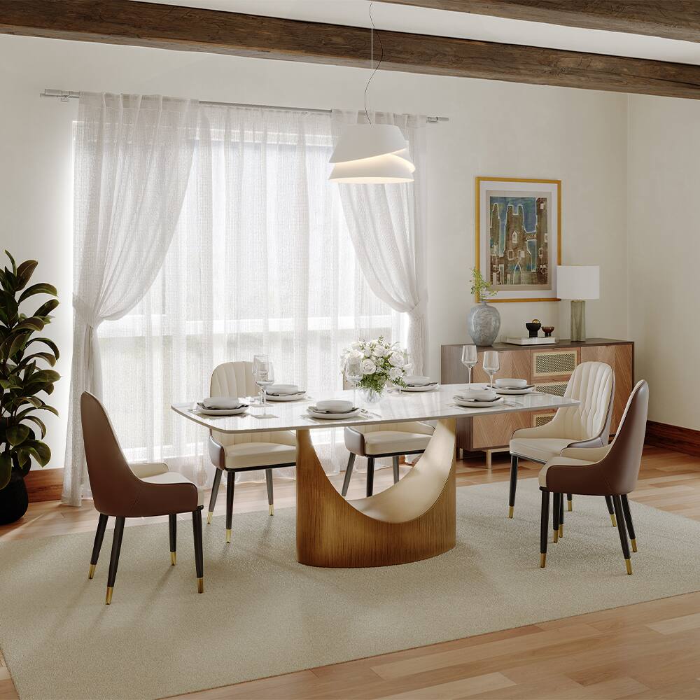 Left. POVISON - 79" Modern Minimalist Dining Table for 6-8, White Rectangular Glossy Sintered Stone Tabletop, Bronze Carbon Steel Leg - Glossy White Sintered Stone with Bronze.