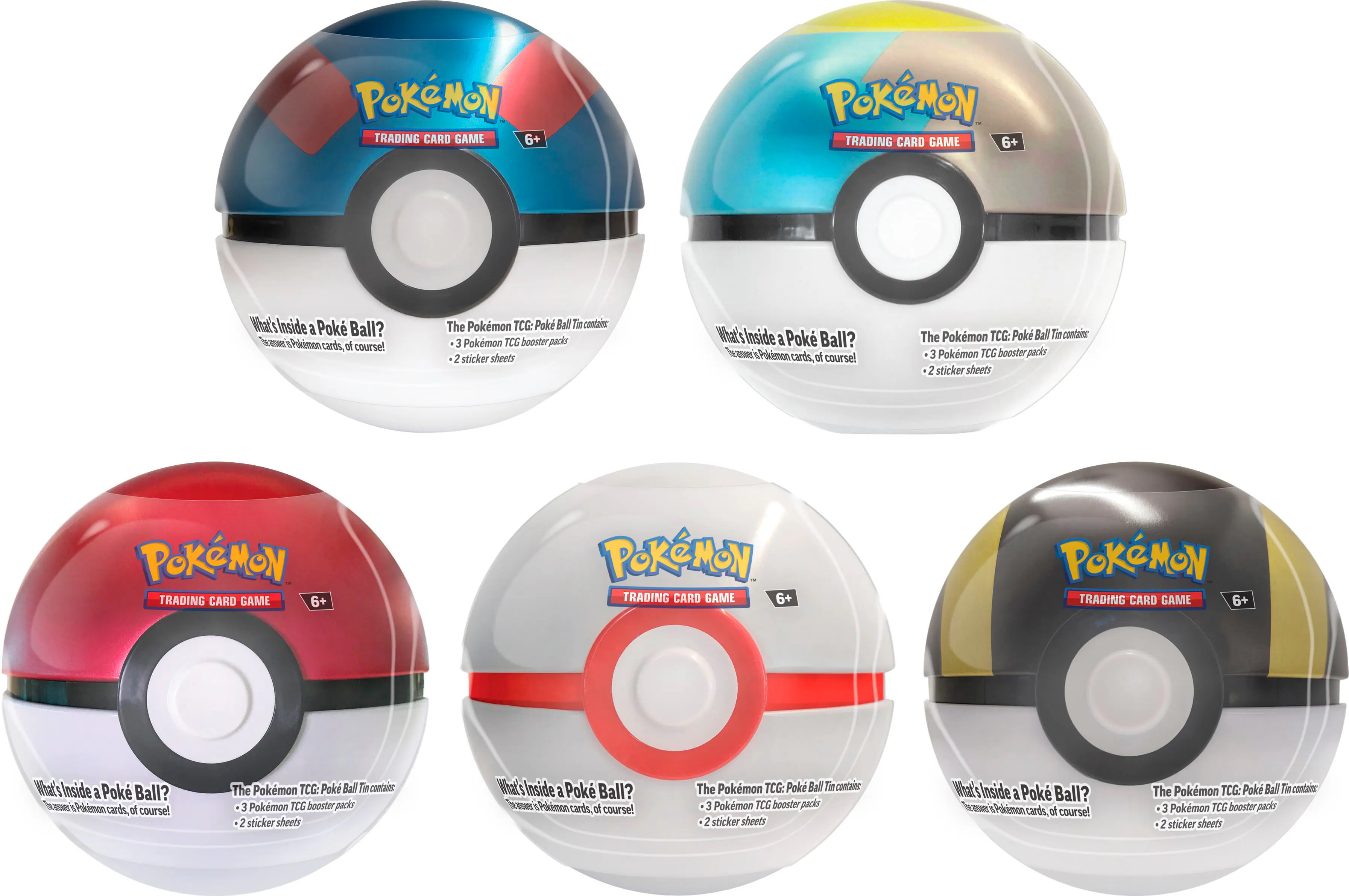 Pokemon Trading Card Game 6+ Pokemon Trading Card Game 6+ Pokemon Trading Card Game 6+ What's Inside a Pok Ball? Pokemon cards, of course! The Pokemon TCG: Pok Ball Tin contains 3 Pokemon TCG booster packs and 2 sticker sheets.