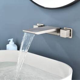 Brushed Wall Mount Faucet SUS304 Waterfall Spout Brass Body Dual Handle 1/2NPT Thread