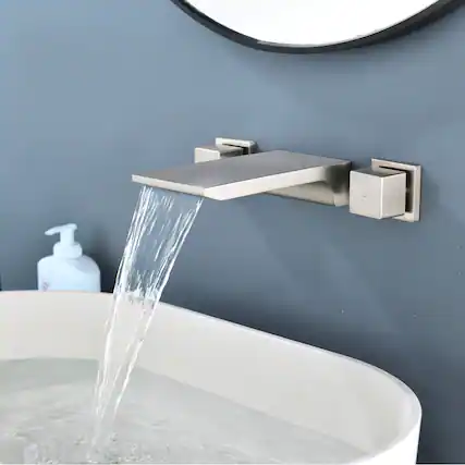Front. Boyel Living - Brushed Wall Mount Faucet SUS304 Waterfall Spout Brass Body Dual Handle 1/2NPT Thread - Brushed Nickel.