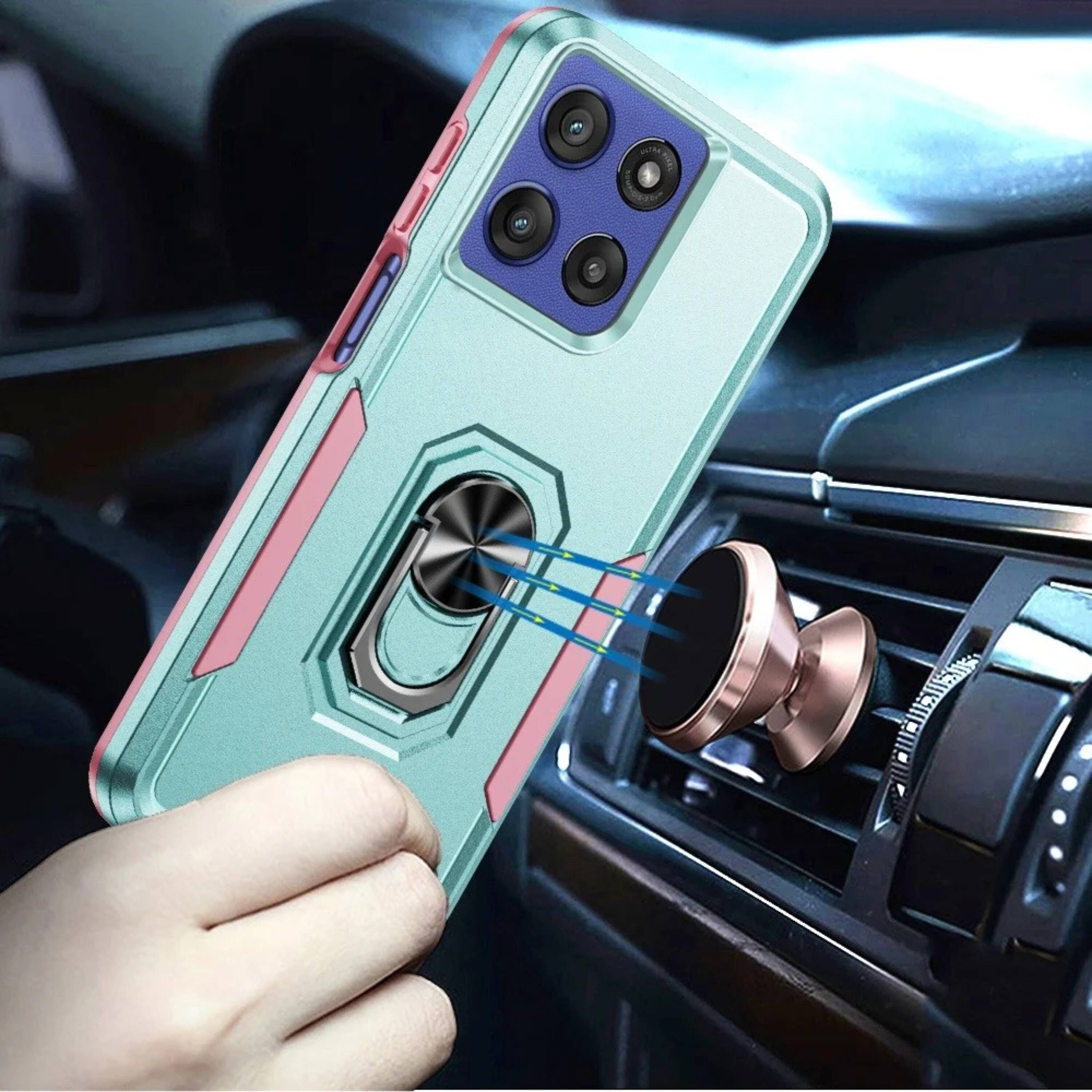 Angle. Kitcheniva - Hard Shell Soft Inner Rubber Cover Metal Ring Stand Phone Case With Tempered Glass For Moto G Stylus 2026/2025 Teal/Pink - Teal Pink.