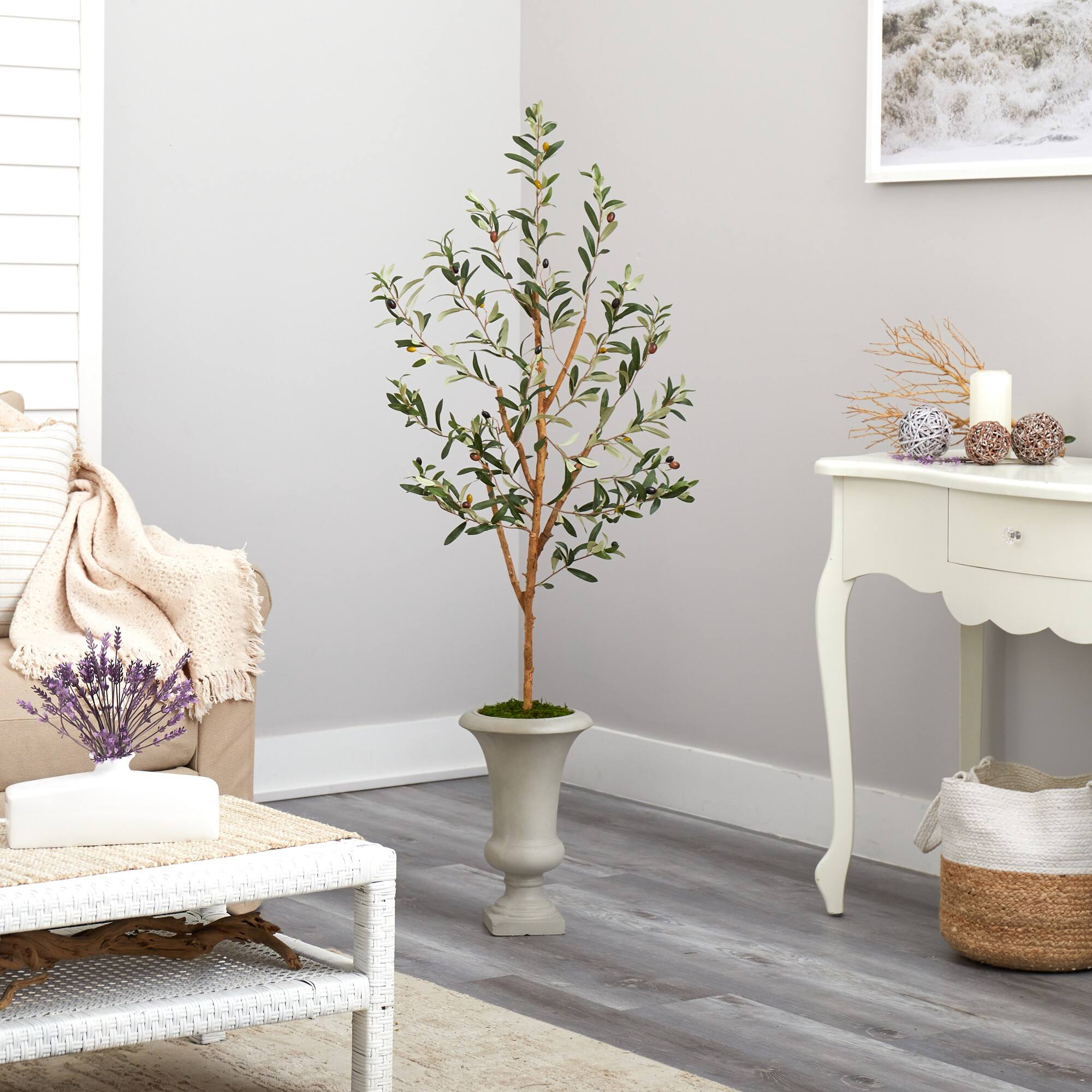 Front. BreeBe - 57" Olive Artificial Tree in Sand Colored Urn - White.