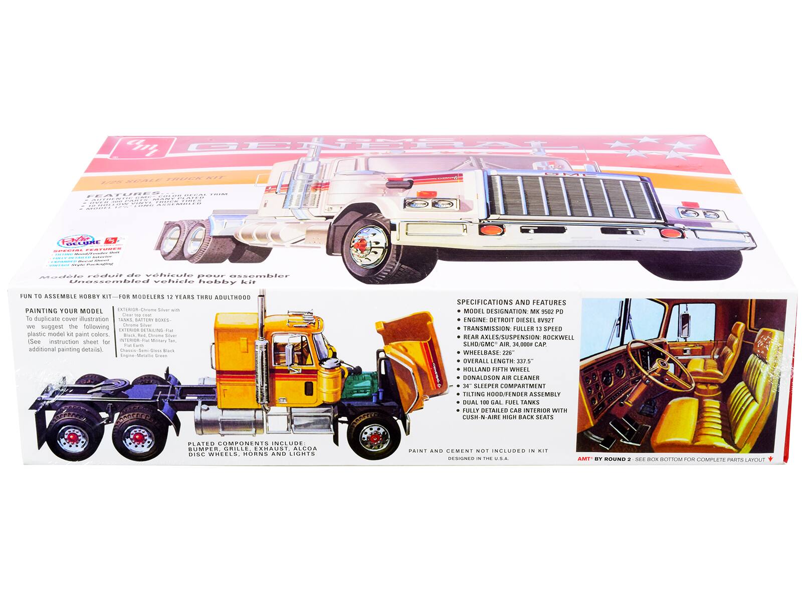 GENBRAT 0002 211 SCALF SCOA ...W fde MROLED ....CH - ..... EAVO DCLURE OECTOE FERTONA

Modele raduit de vehicule pour assembler

Unassembled vehicle hobby kit - FOR MODELERS 12 YEARS THRU ADULTHOOD

FUN TO ASSEMBLE HOBBY KIT - FOR MODELERS 12 YEARS THRU ADULTHOOD

PAINTING YOUR MODEL

To duplicate cover illustration, we the following Chrome Silver with Clear top coat. See instruction sheet for additional painting details.

PLASTIC MODEL KIT PAINT COLORS

Chrome Silver
Flat Military Tan
Chassis - Semi-Gloss Black
Engine - Metallic Black

PLATED COMPONENTS INCLUDE SUMPER, DISC WHEELS, HORN

SPECIFICATIONS AND FEATURES

MODEL DESIGNATION: MK 9502 PD
ENGINE: DETROIT DIESEL 8V92T
TRANSMISSION: FULLER 13 SPEED
REAR AXLES/SUSPENSION: ROCKWELL SLHD/GMC AIR
WHEELBASE: 226"
OVERALL LENGTH: 337.5"
H