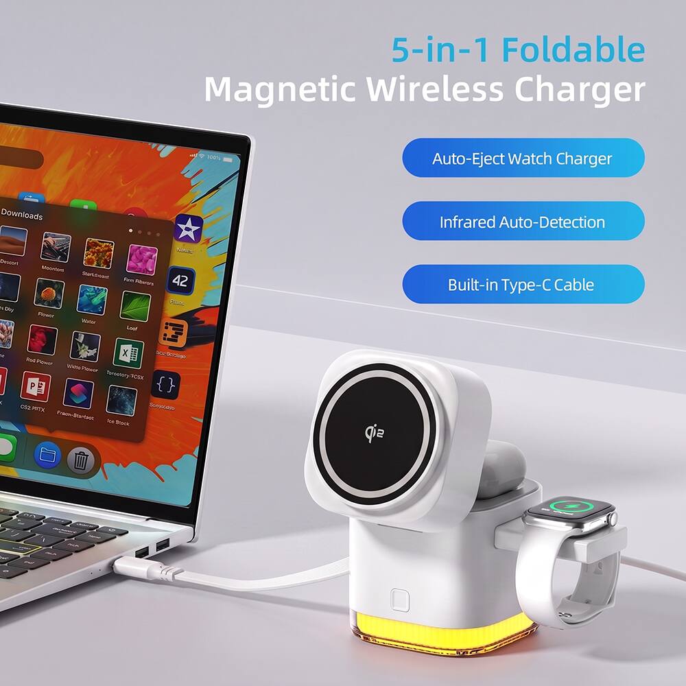 5-in-1 Foldable Magnetic Wireless Charger - 100% Auto-Eject Watch Charger Downloads Infrared Auto-Detection Denster a ty Mono Berved Thart Flereed Waeter Bus Filsrars 42 Ao Built-in Type-C Cable a Red n P x Soudccher Withe Pleser Turoesor FCEK I esz PPTX Fregn-Bianteos M Bleck Serea sip 7
