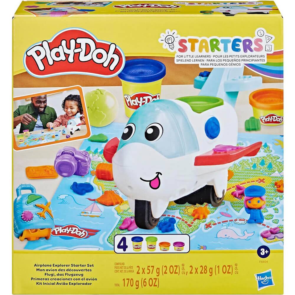 Play-Doh STARTERS  
FOR LITTLE LEARNERS  
POUR LES PETITS EXPLORATEURS  
SPIELDEN LERNEN - PARA LOS PEQUEÑOS PRINCIPIANTES  
PARA PEQUEÑOS GENIOS  

Play-Doh Airplane Explorer Starter Set  
Mon avion des découvertes  
Flugi, das Flugzeug  
Primeras creaciones con el avión  
Kit Inicial Avión Explorador  

4  
2 x 57 g (2 OZ)  
2 x 28 g (1 OZ)  
TOTAL 170 g (6 OZ)  

3+  
F8804  
Hasbro