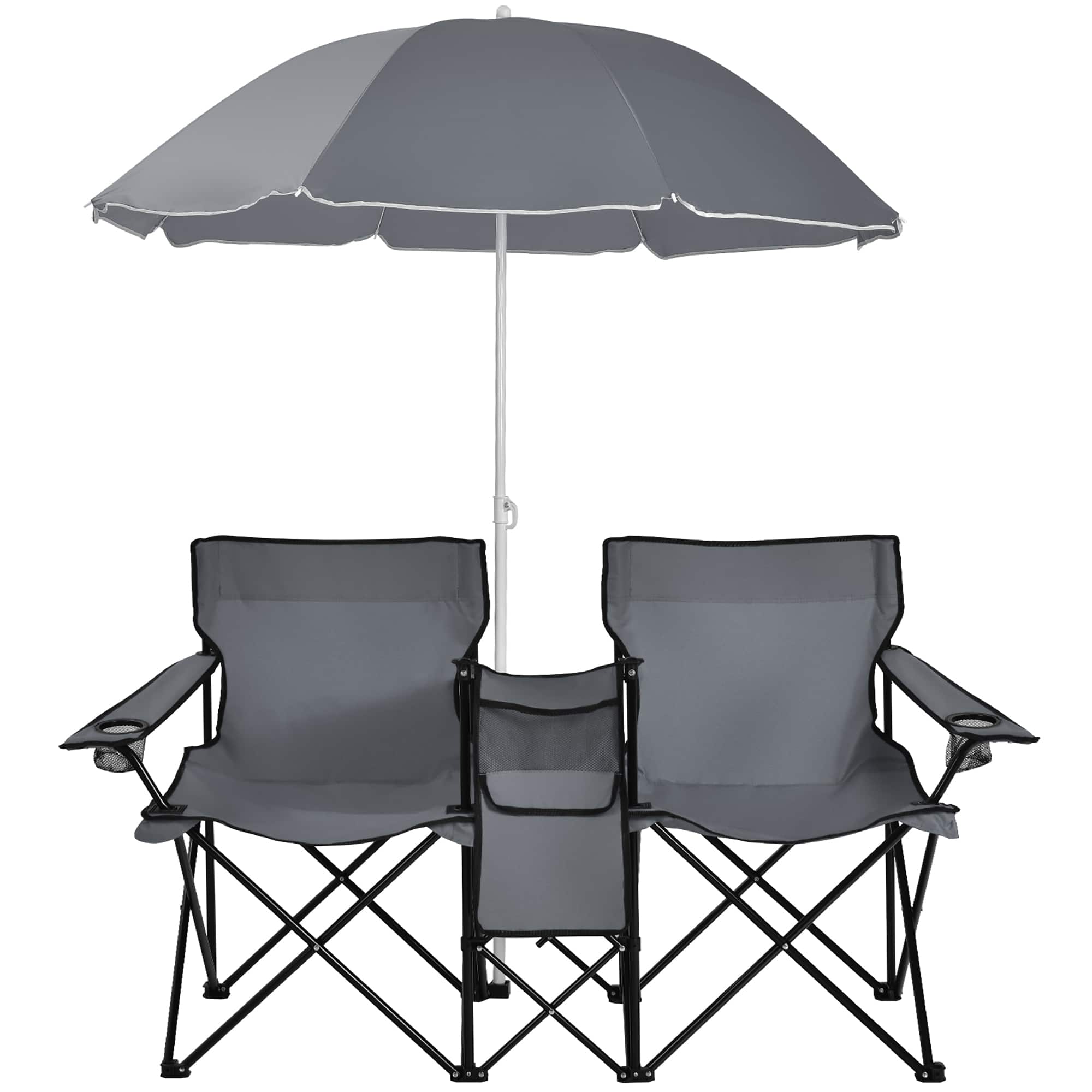 Front. Costway - Portable Folding Picnic Double Chair W/Umbrella Table Cooler Beach Camping Gray - Gray.